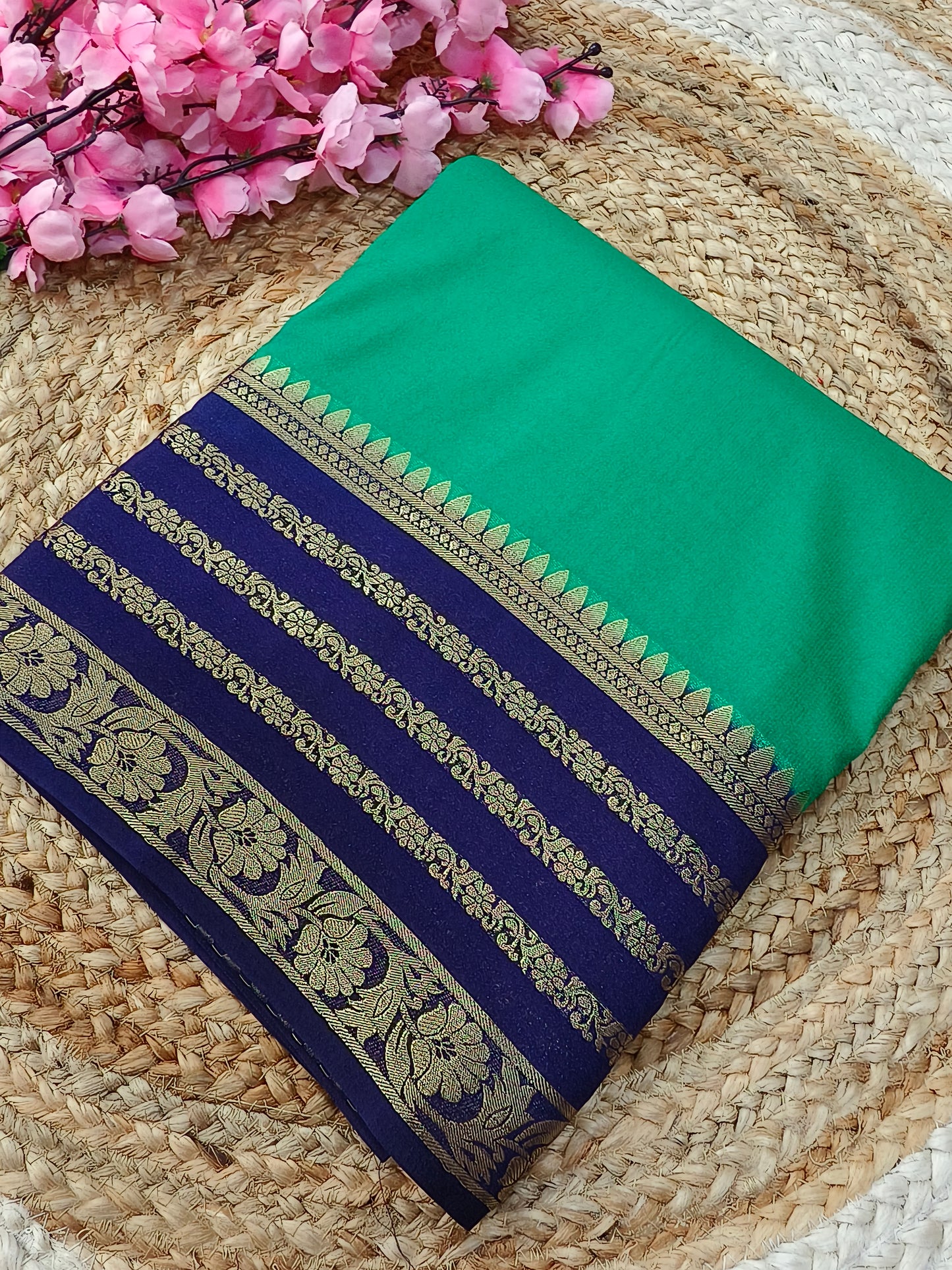 Rama Green With Navy Blue semi Mysore crepe silk saree