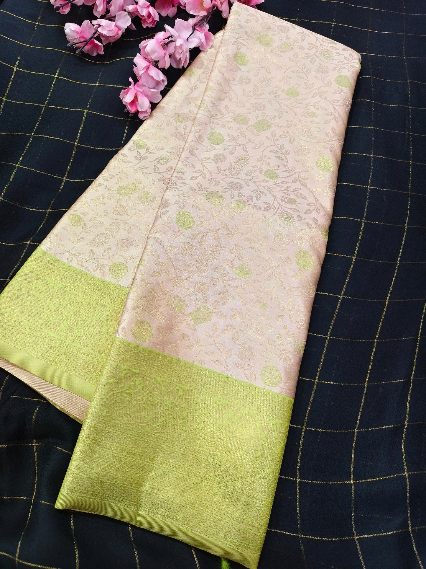 Peach with light Green Soft satin Silk saree