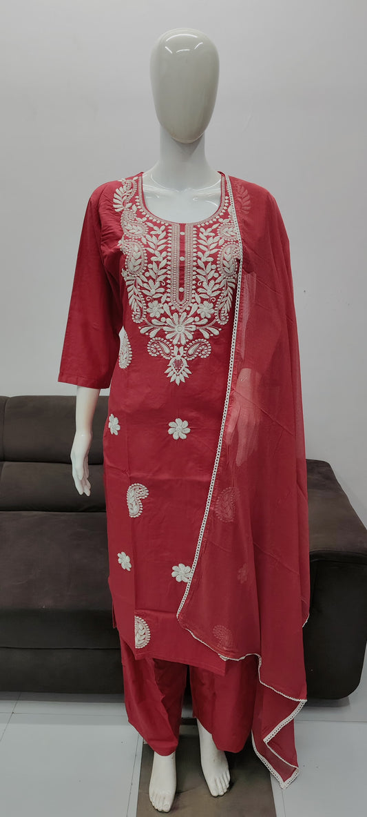 Peach designer chickankari work salwar suit
