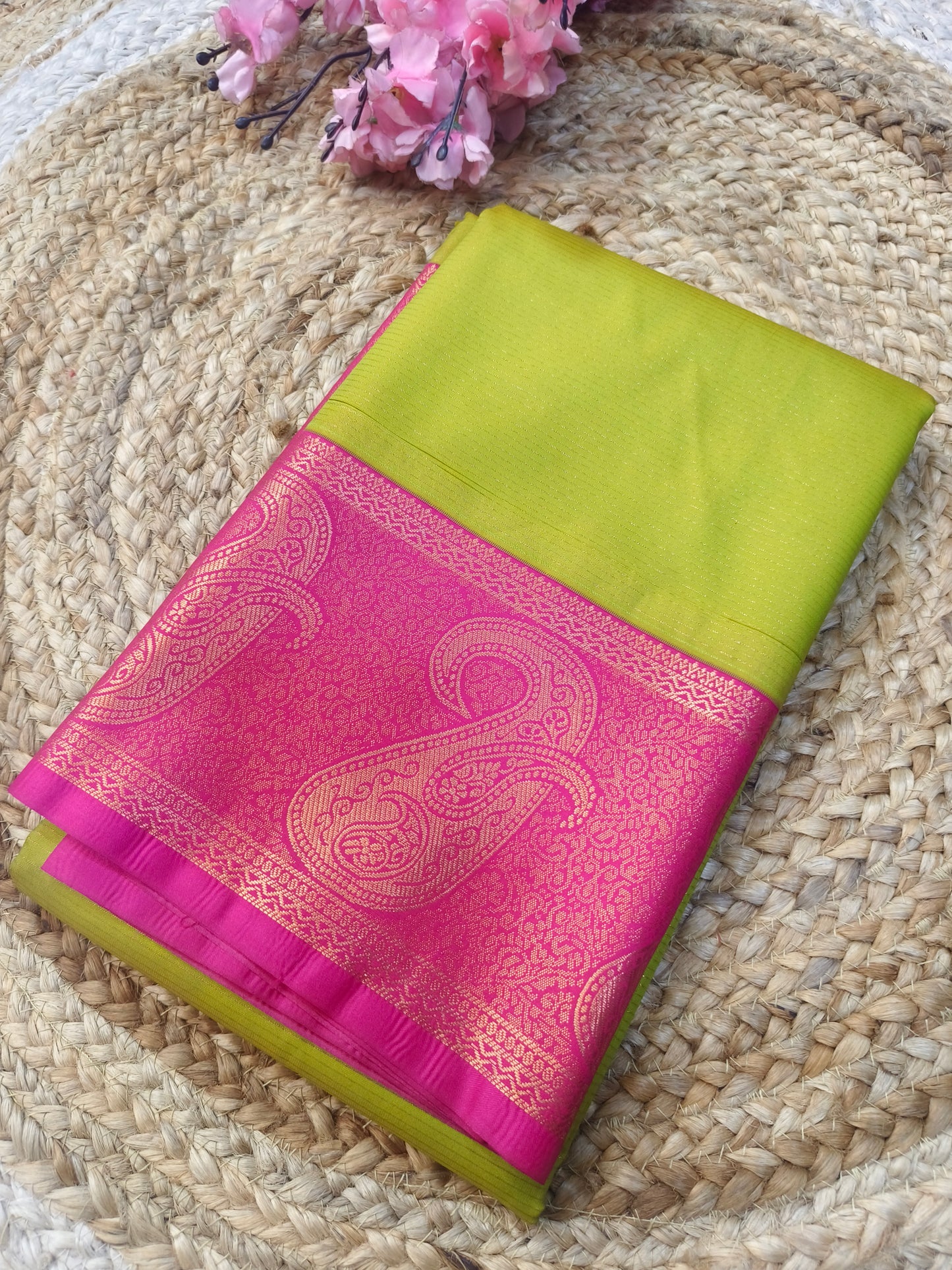 Green with pink kanjivaram silk saree