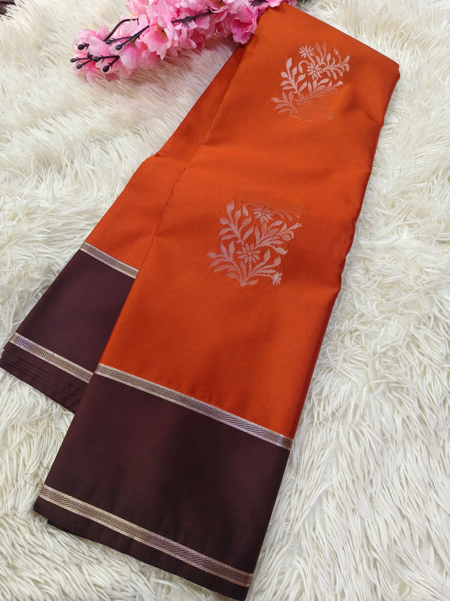 Rustic Orange With Brown Semi kanjivaram silk saree
