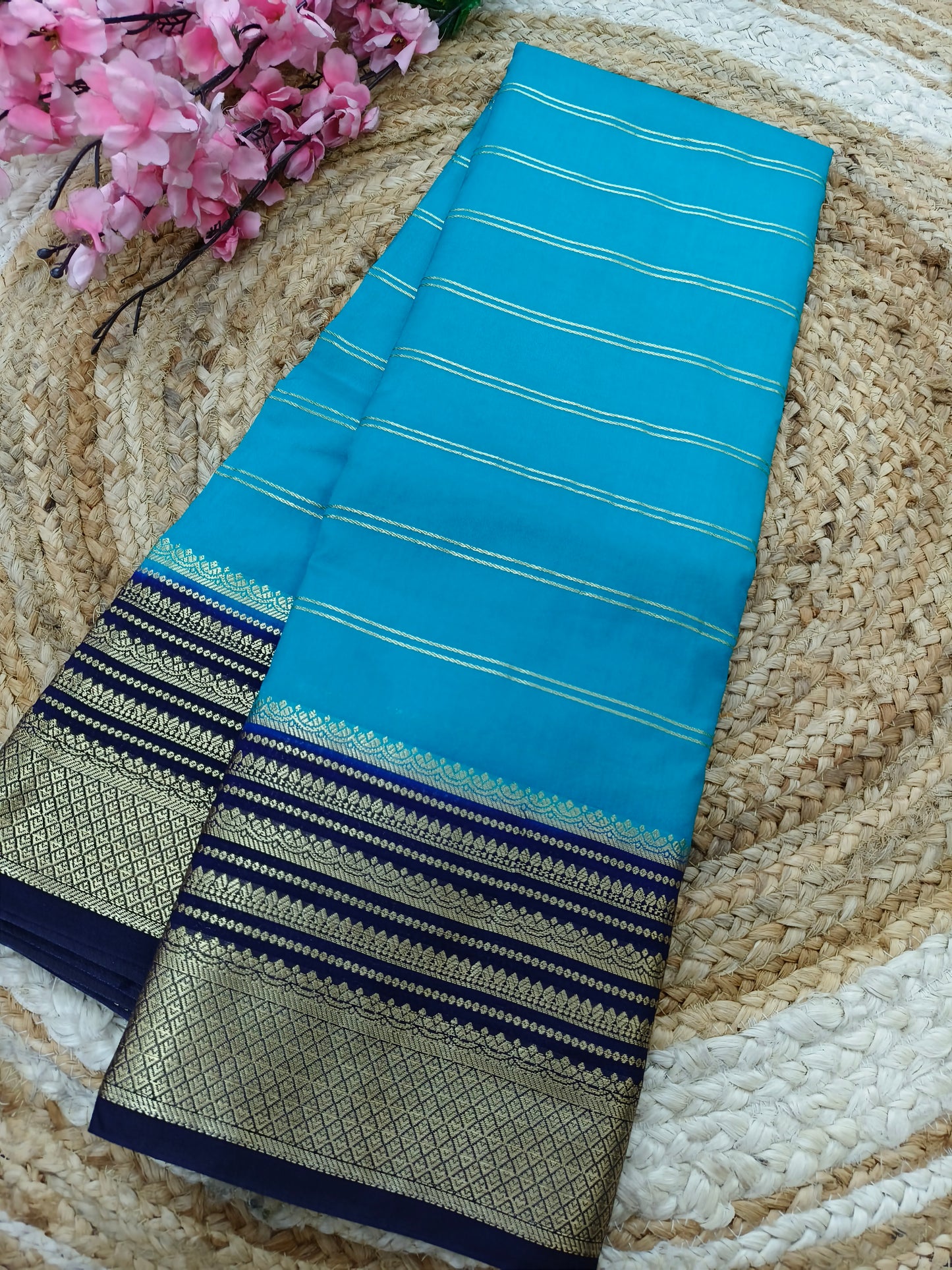 Sky Blue with Navy blue Semi Mysore silk