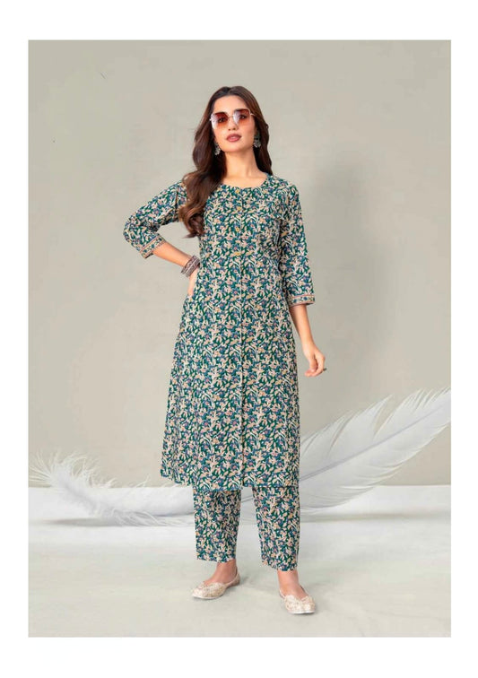 Blue Elegant Printed Cotton Kurta Set