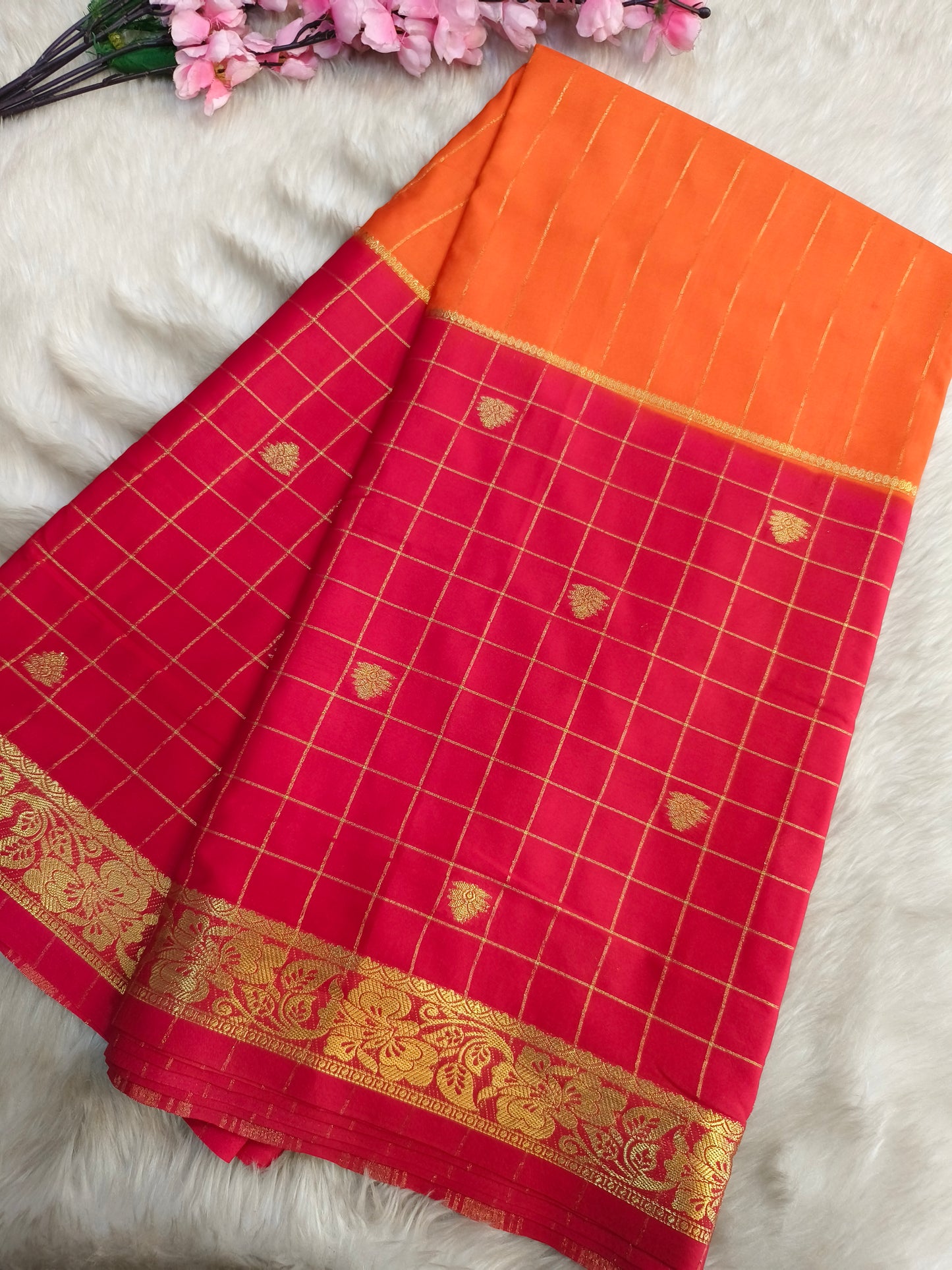 Orange With Pink Semi Mysore crepe silk saree