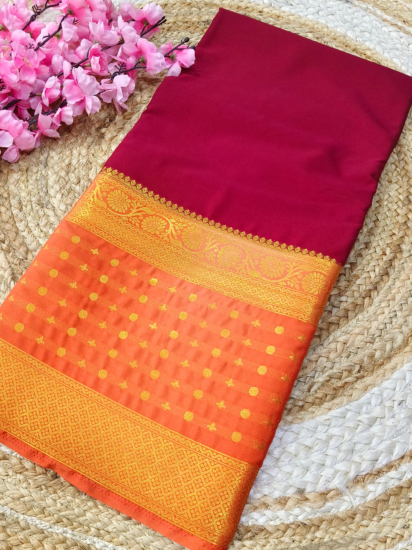 Marron with orange semi Mysore crepe silk saree