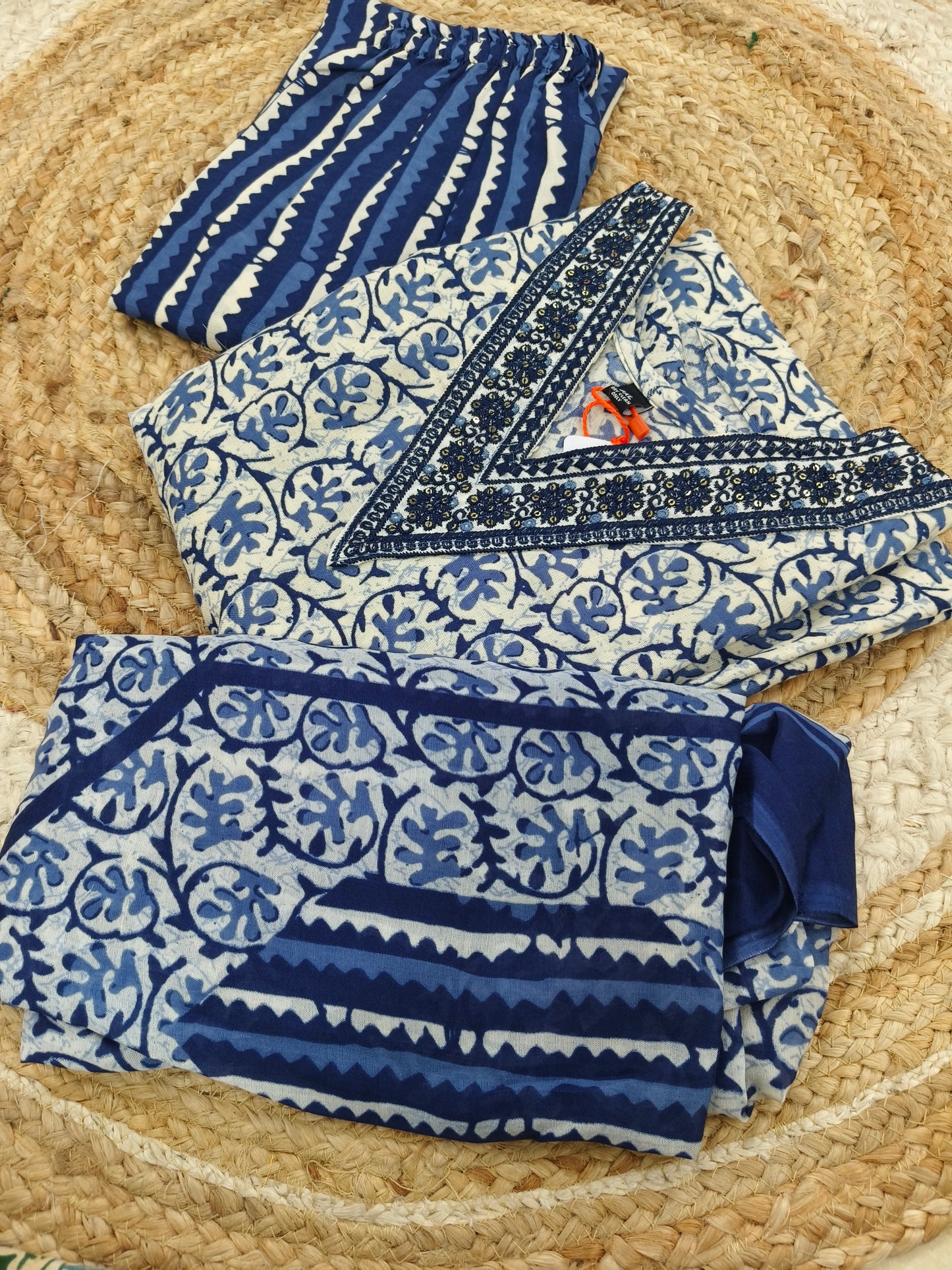 White with Blue Cotton sets with duppatta