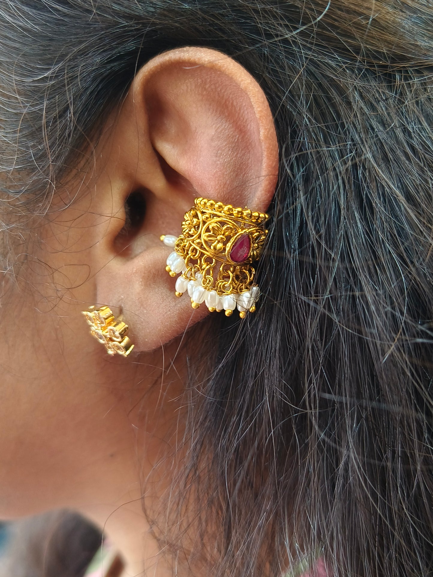 Emerald Temple Ear Cuffs (vintage bugadi) with Pearl Drops