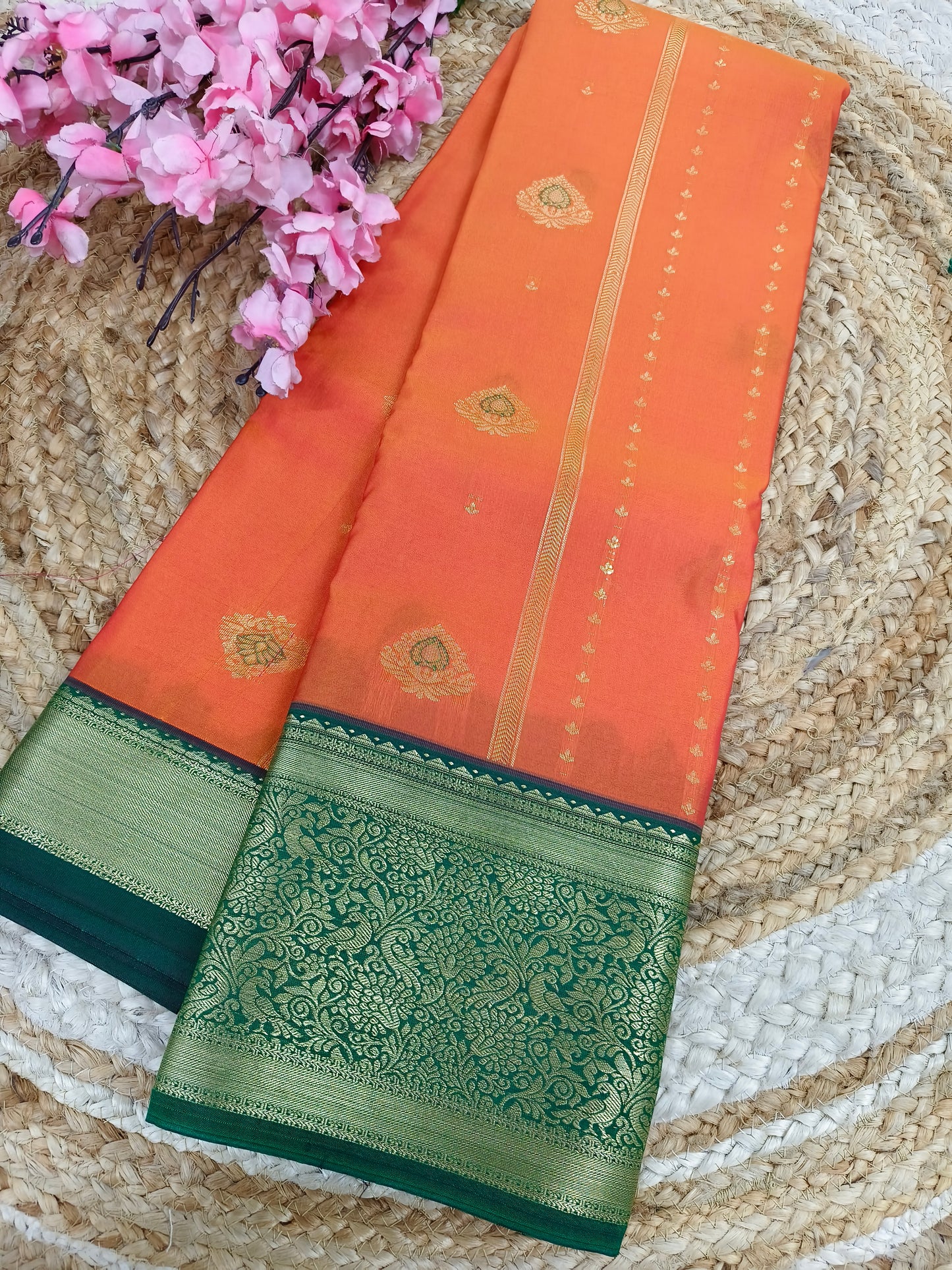 Orange with bottle green Elegant semi kanjivaram silk saree