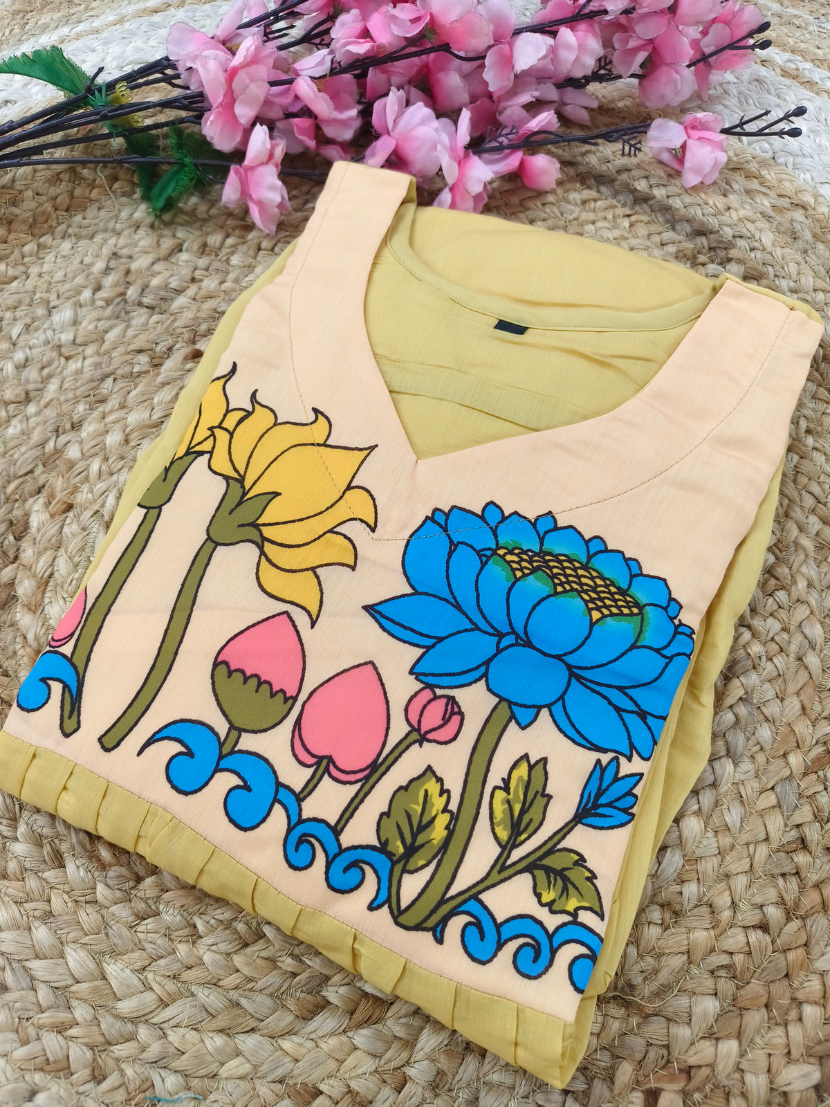 Yellow Floral Kalamkari Style A-Line Kurti