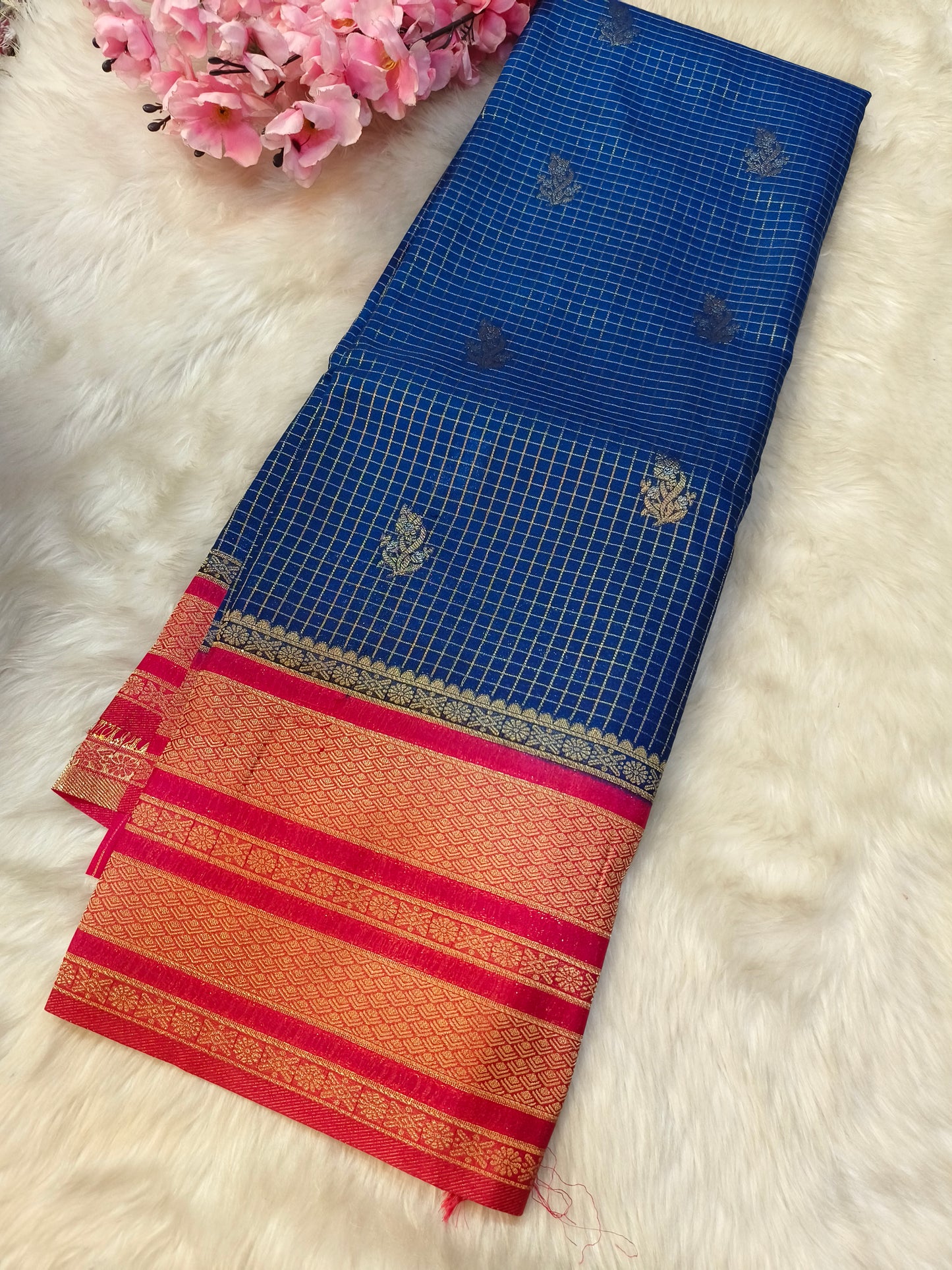 blue with Rani pink georgette crepe silk saree