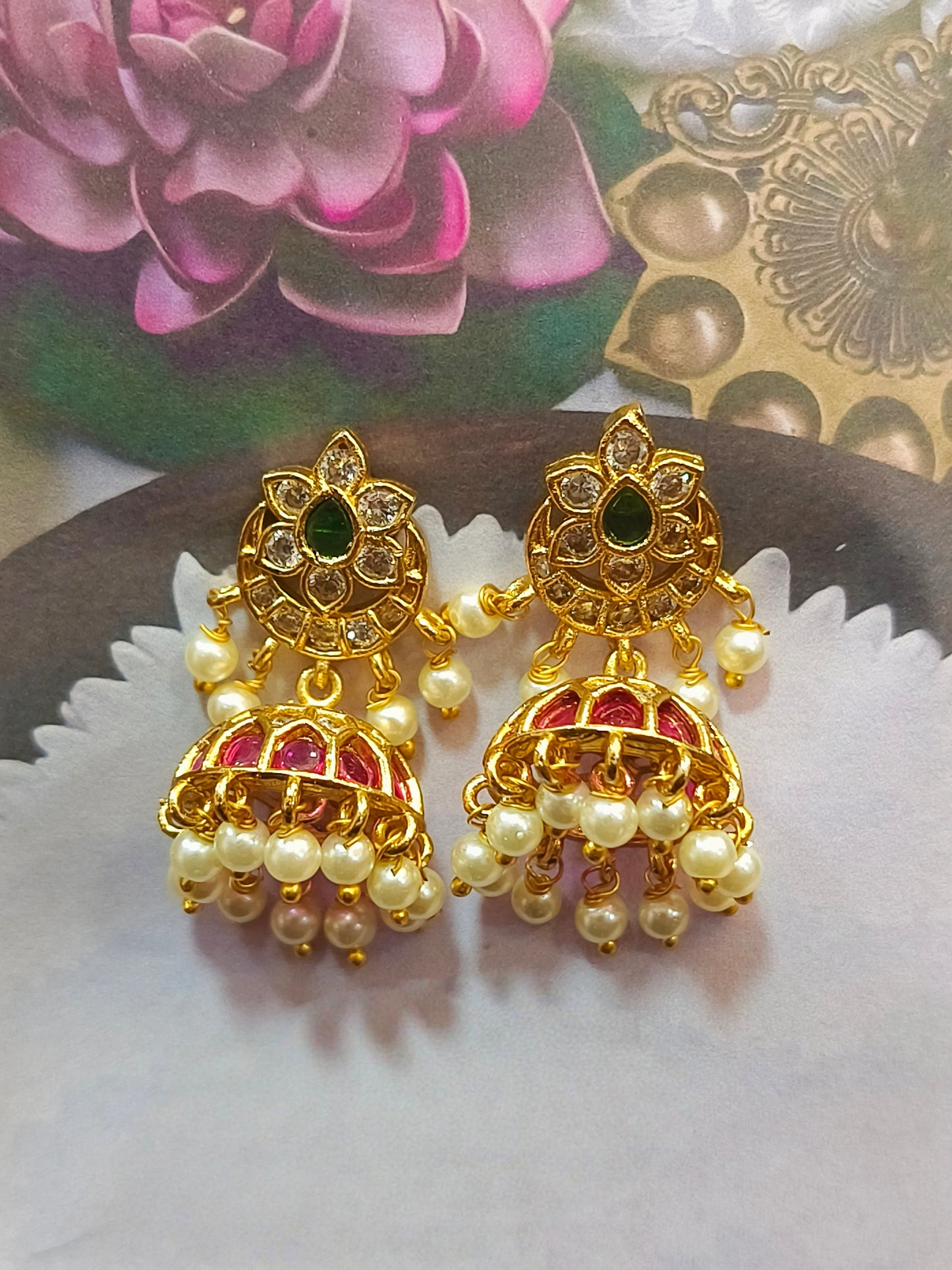 Antique pearl beads with multi stone jhumka