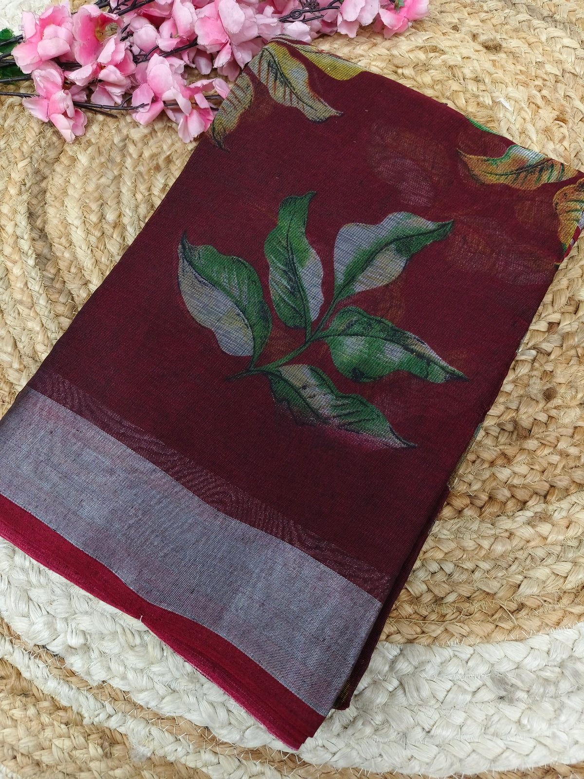 Maroon - Black Lenin Cotton saree