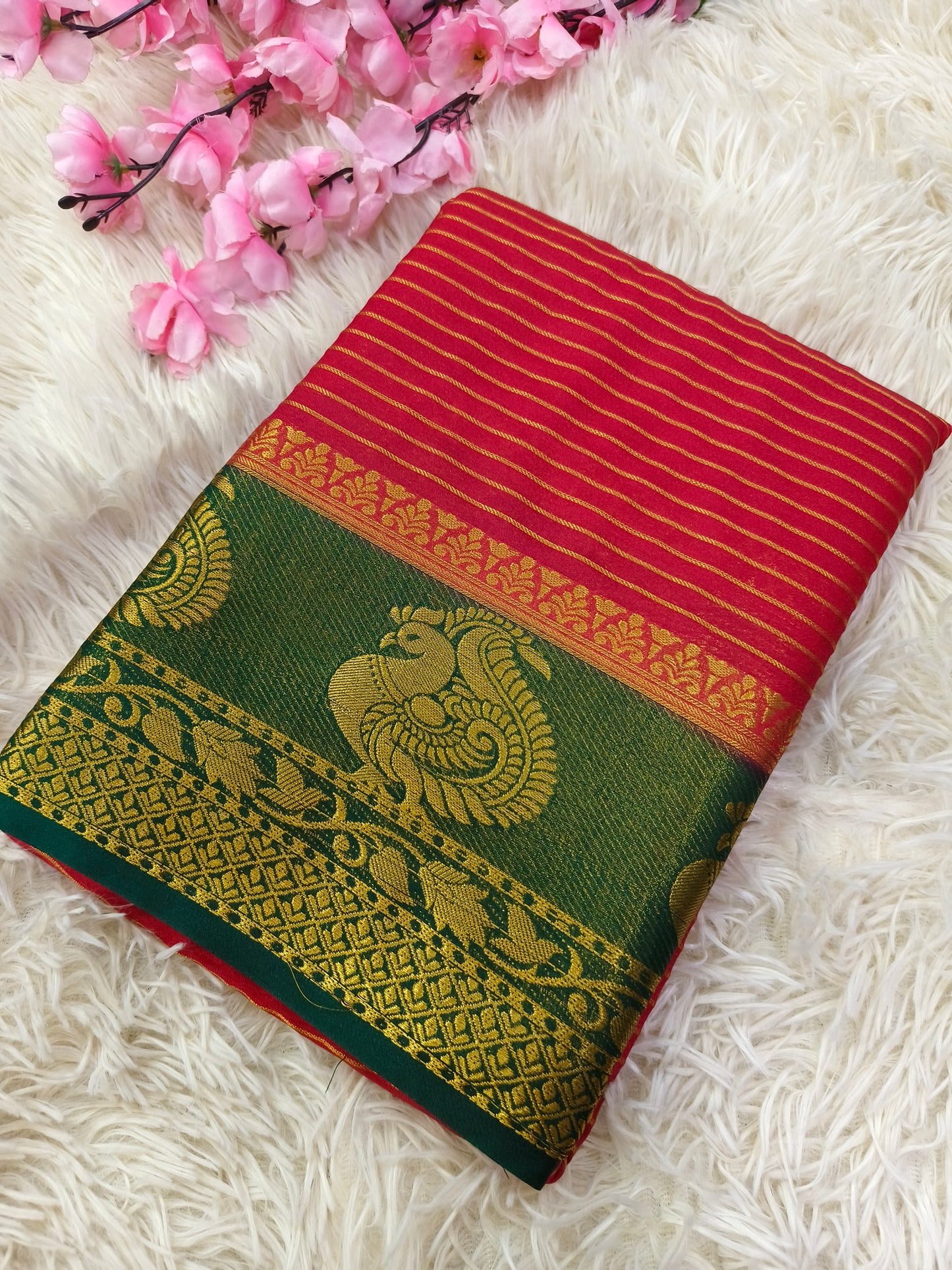 Red with green semi Mysore crepe silk