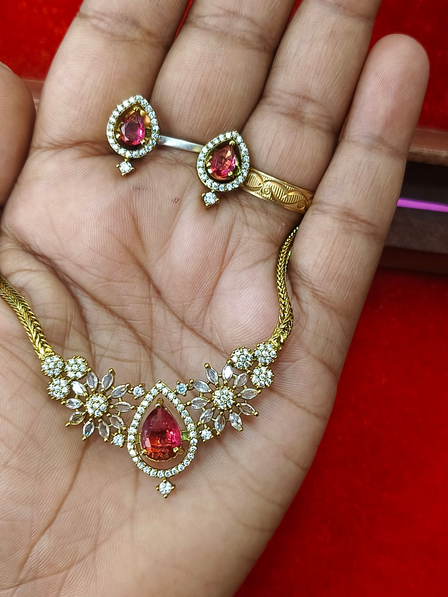 Ruby Red Teardrop floral gold plated Necklace