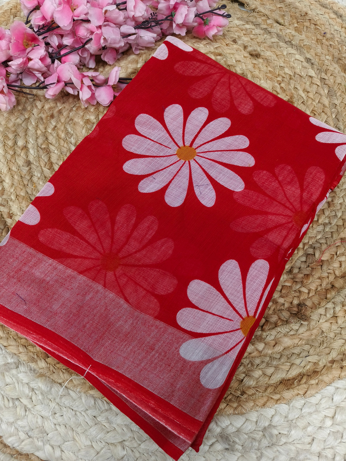 Red Lenin Cotton saree