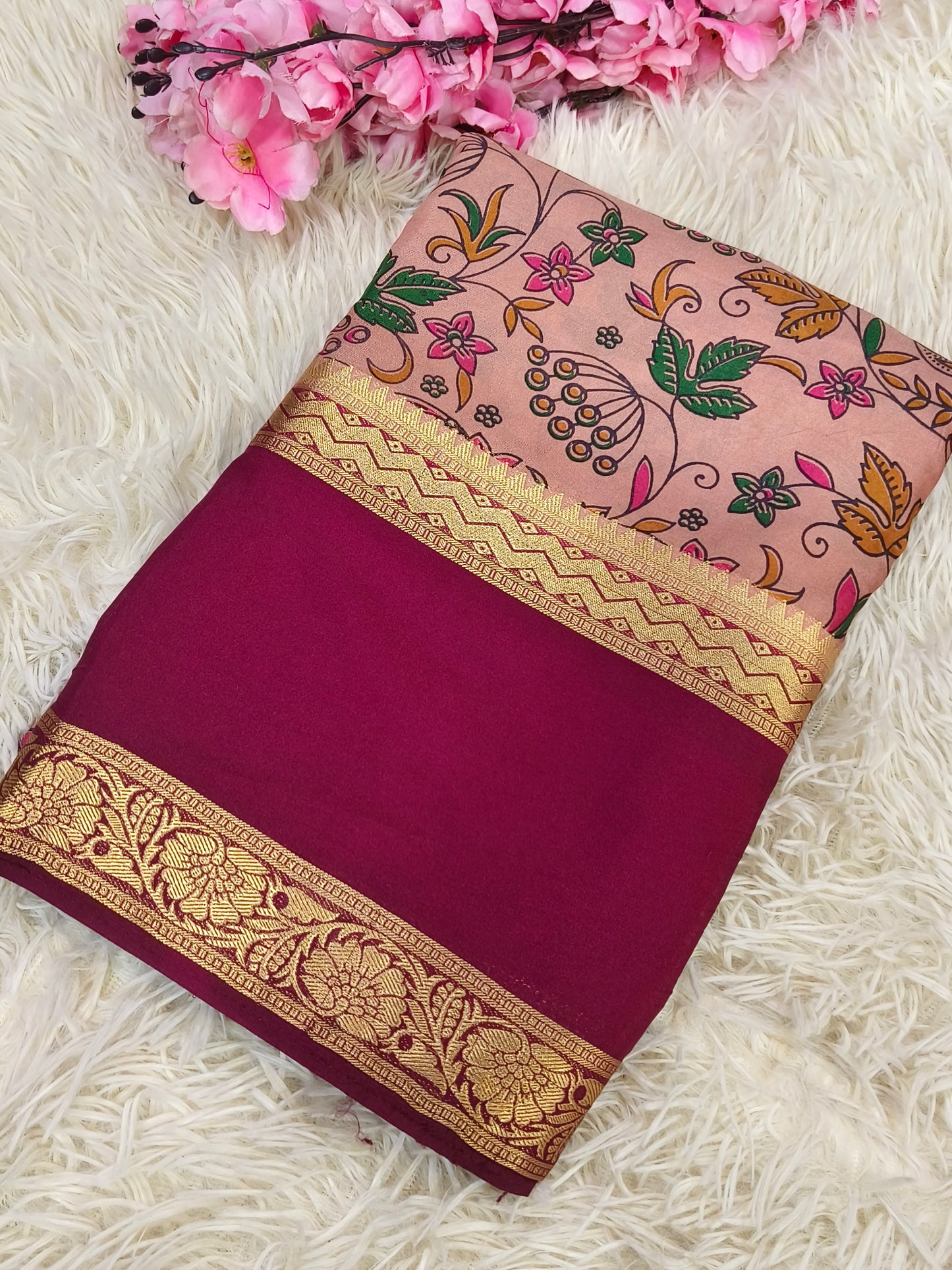 Peach with Wine semi Mysore Printed crepe silk saree