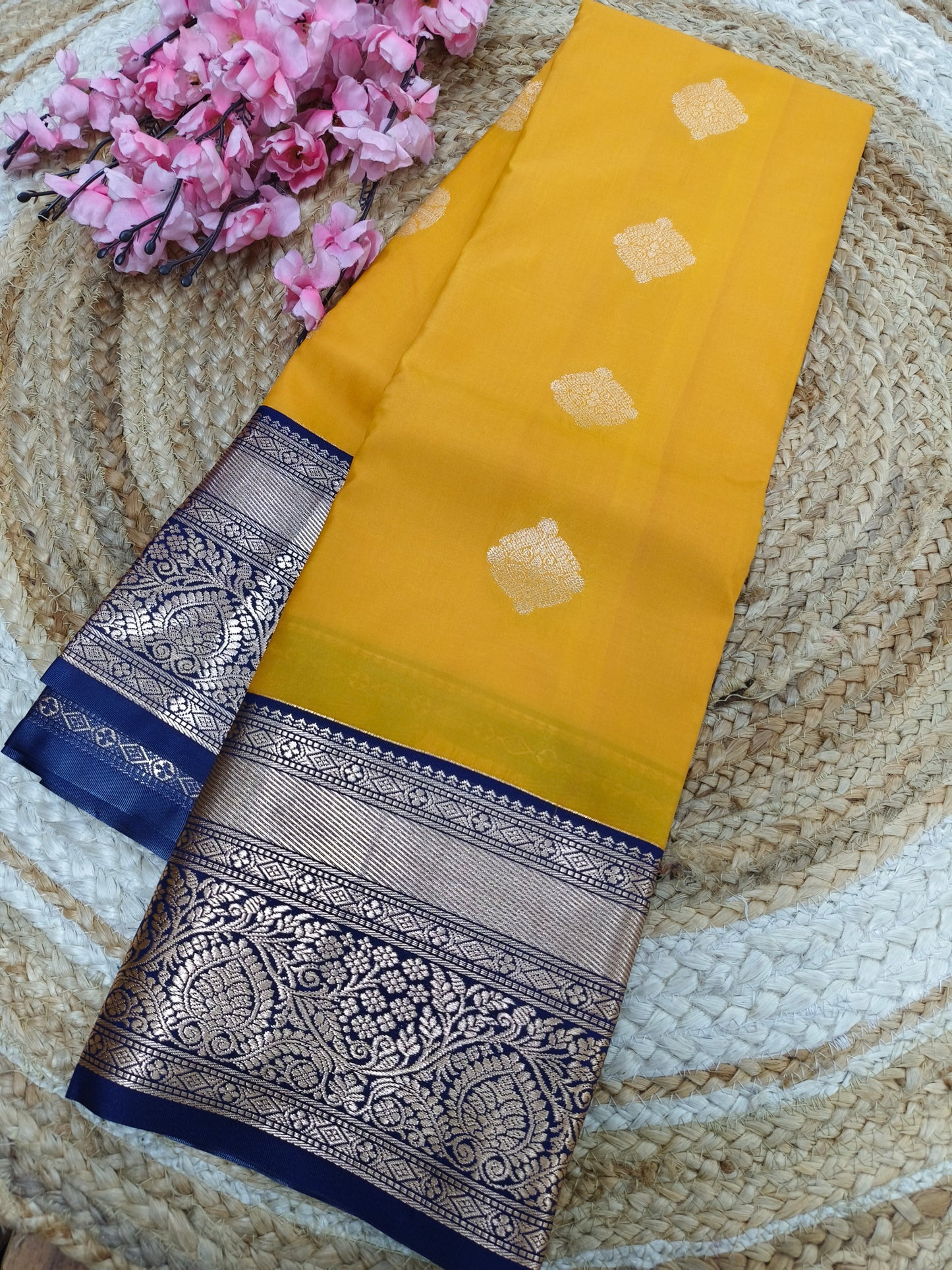 Yellow with blue Elegant soft semi kanjivaram silk saree