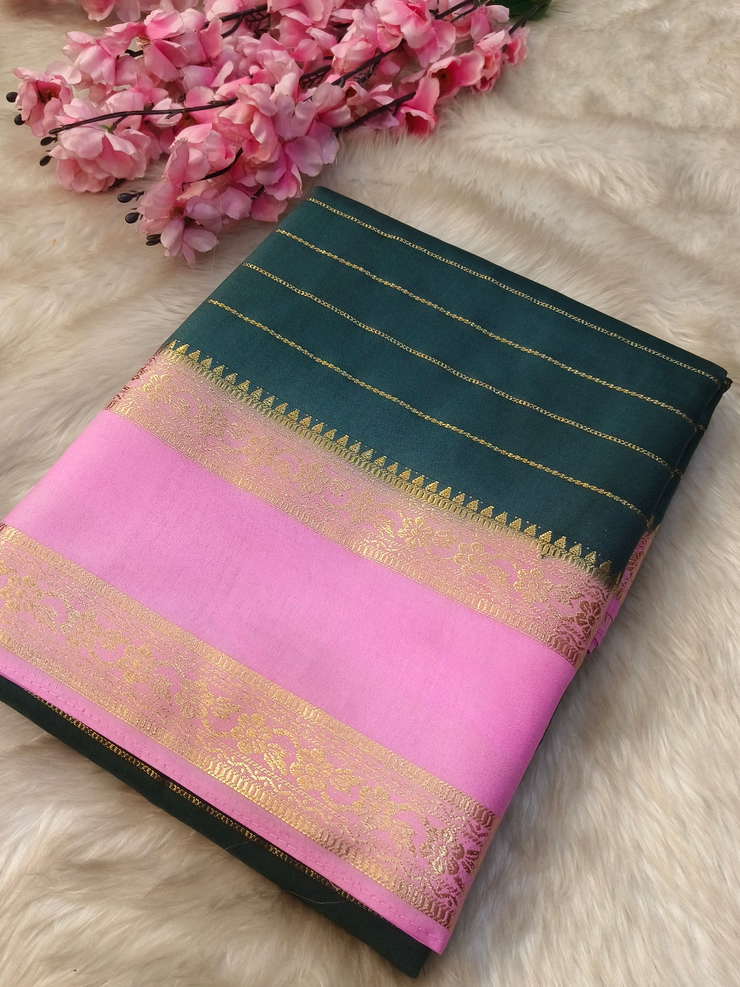 Green With Baby Pink Assam silk saree