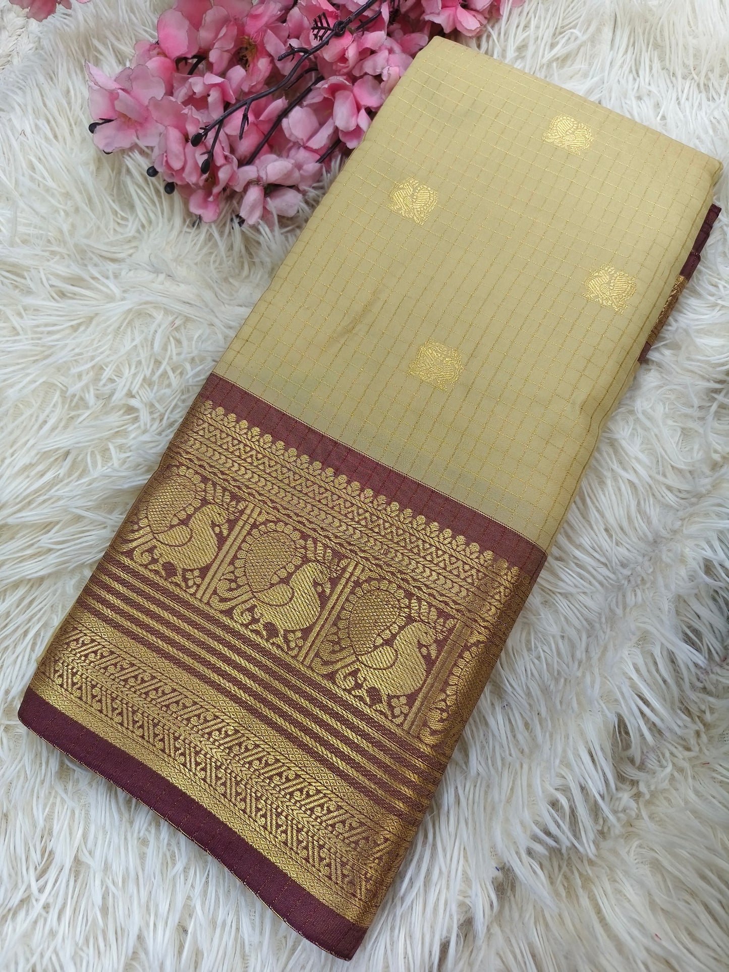Beige with Maroon semi silk saree
