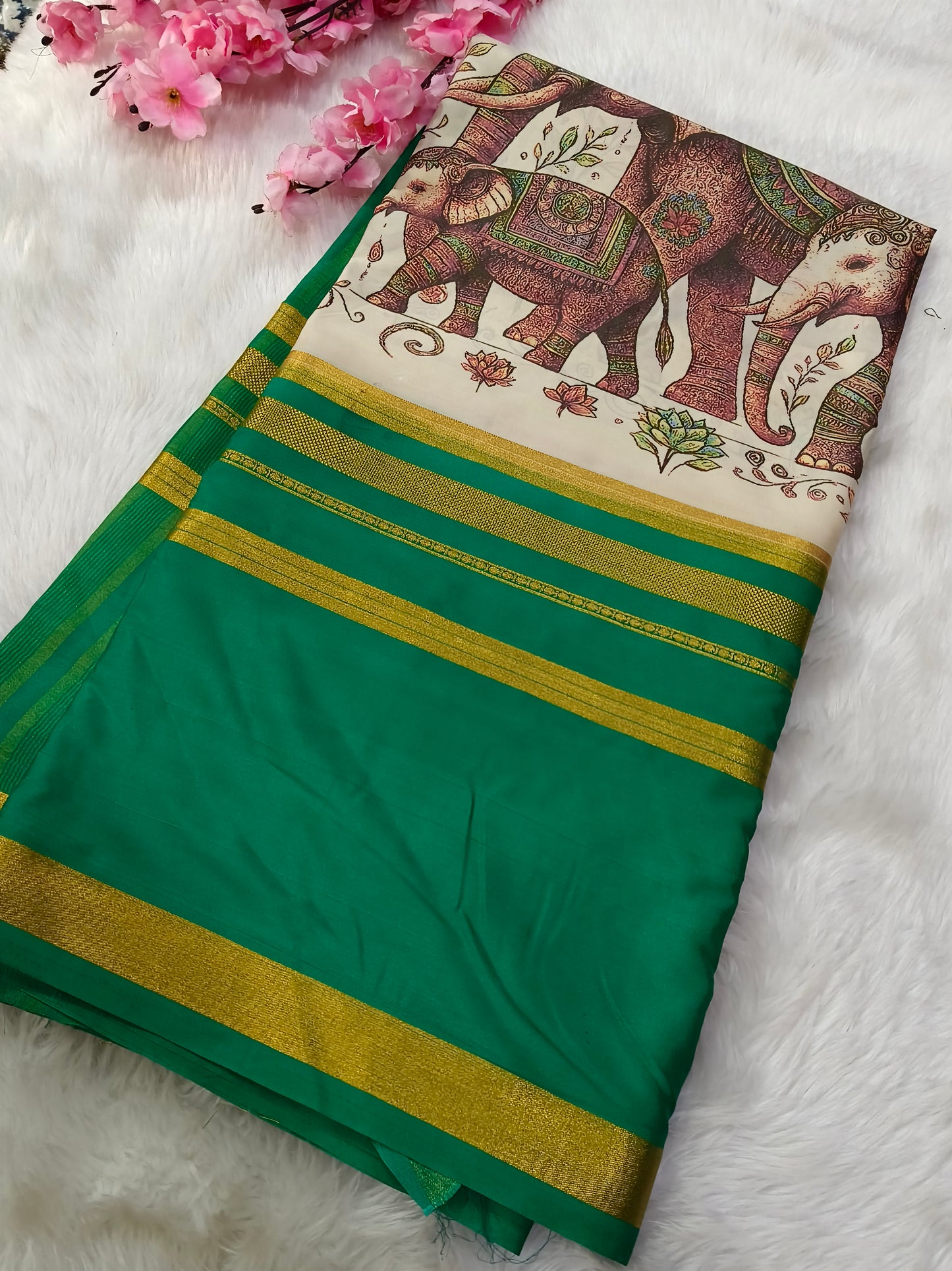 Rama Green elephant Digital printed semi Mysore crepe silk saree