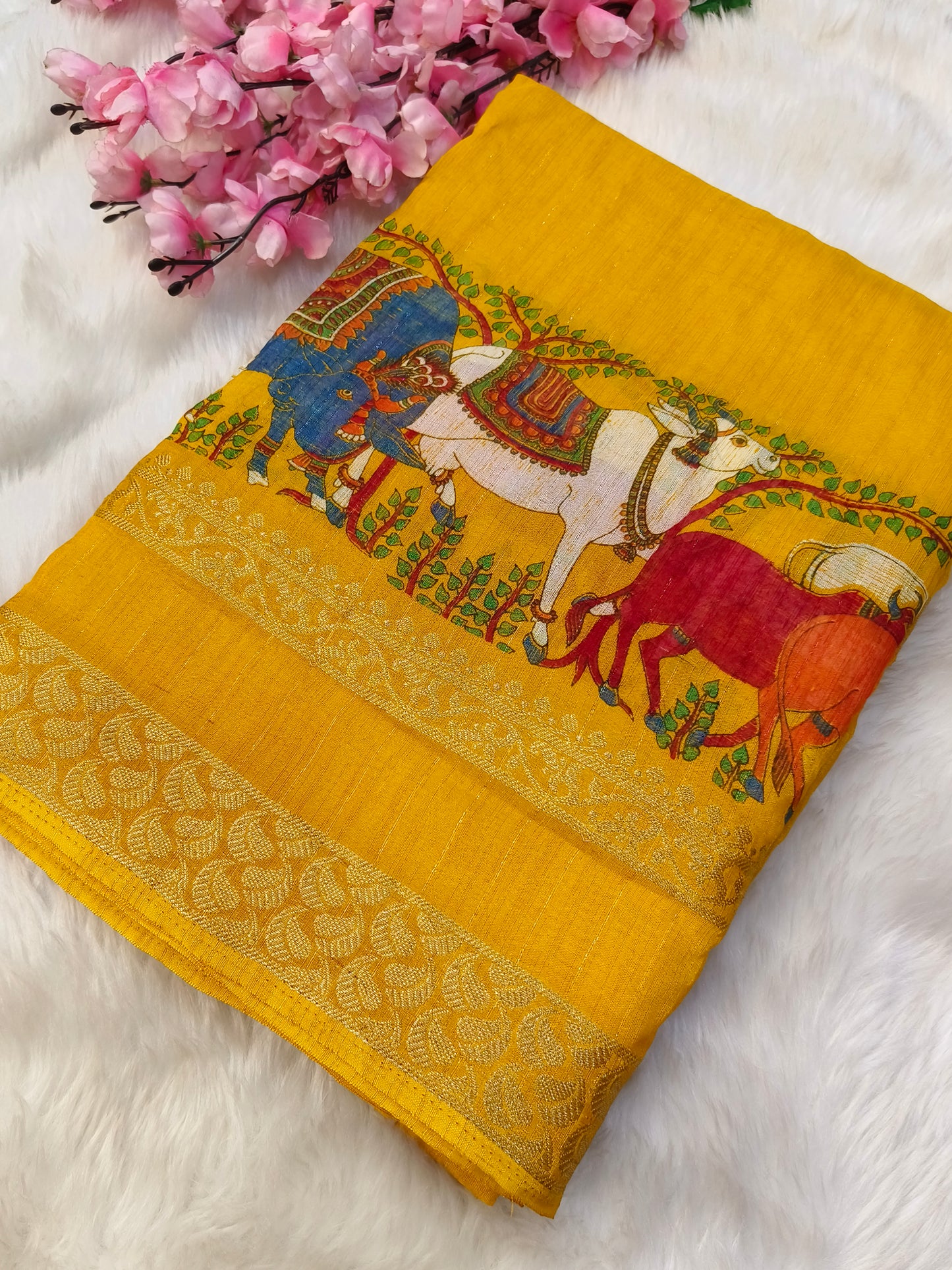 Yellow Pichwai Chinon silk saree