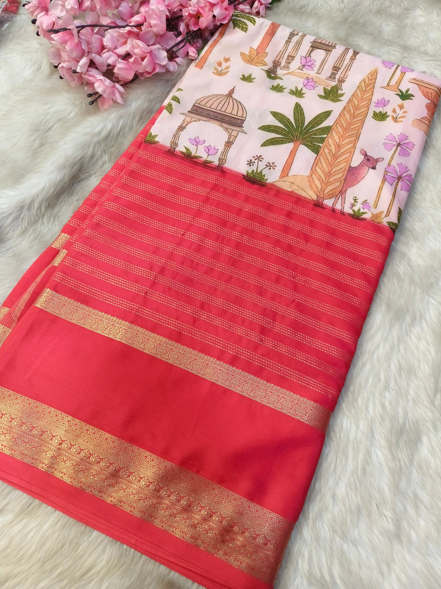 White with pink semi Mysore crepe silk saree