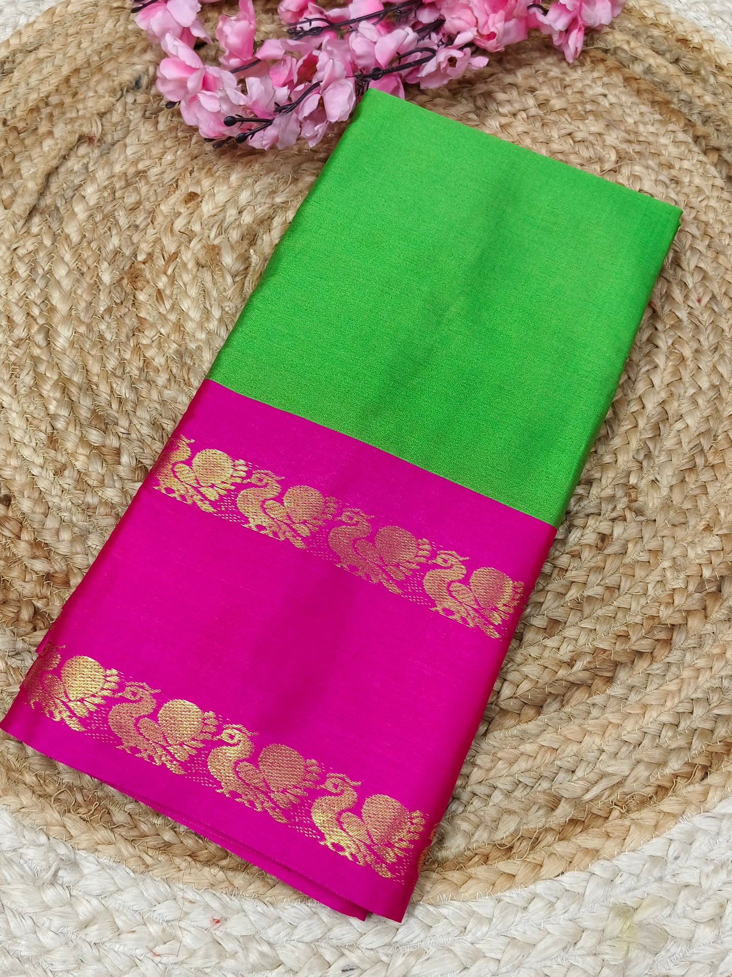 Parrot Green With Pink Gadwal Semi silk saree