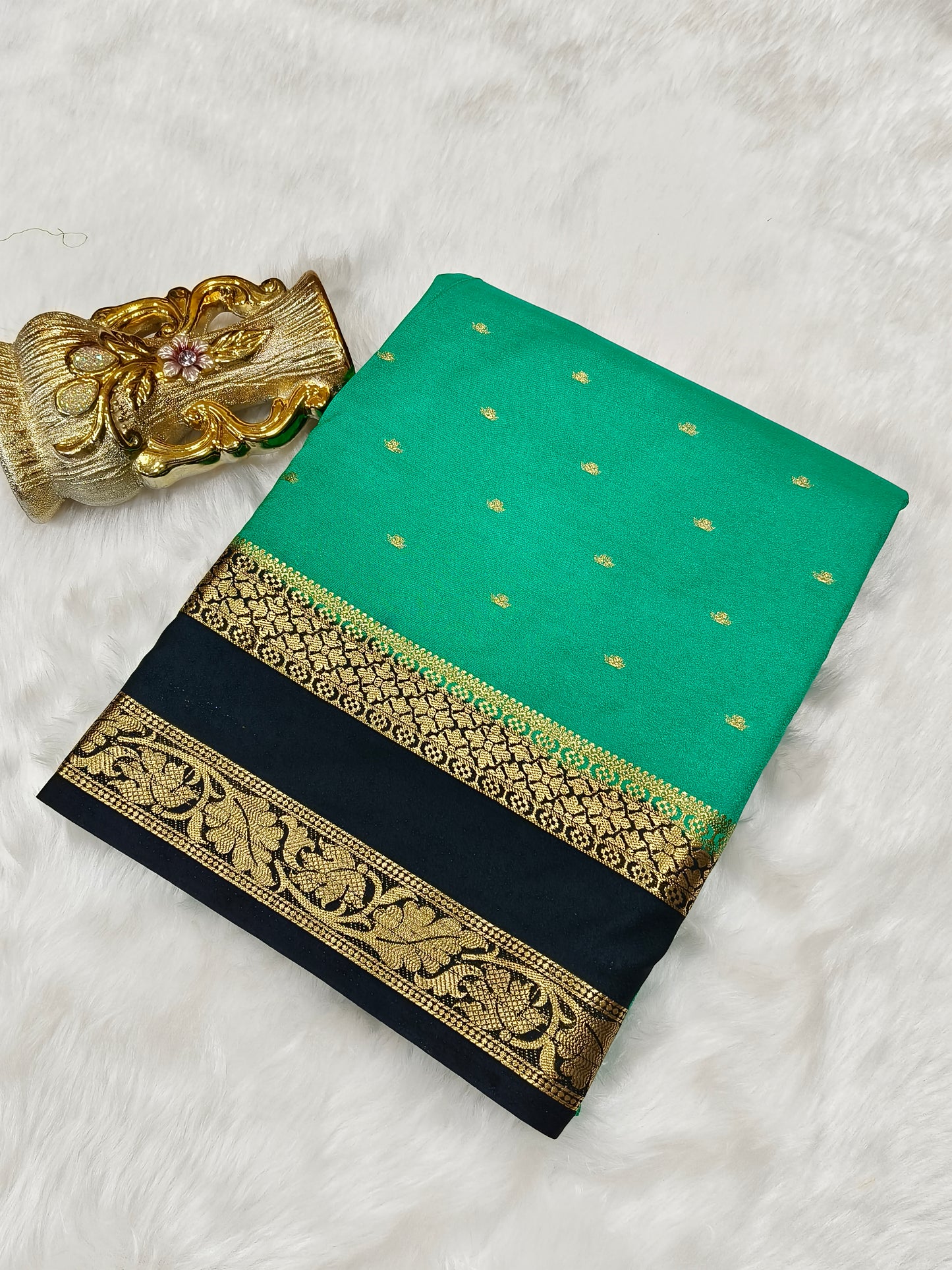 Sea Green with Black semi Mysore crepe silk saree