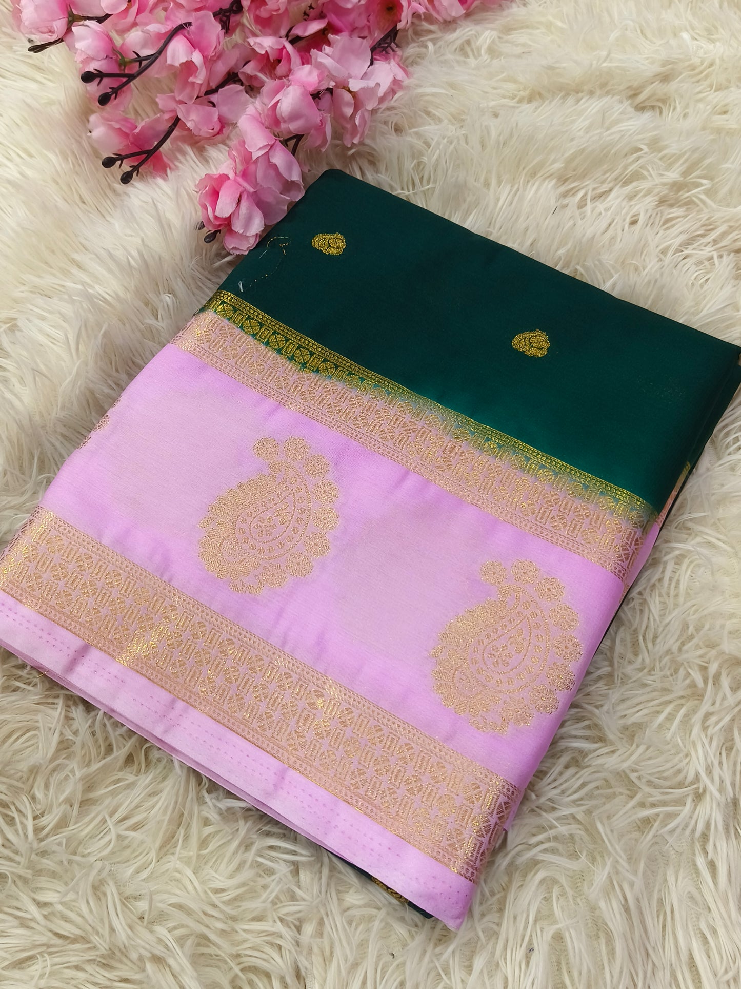 Bottle Green With Baby Pink Semi Mysore crepe silk saree