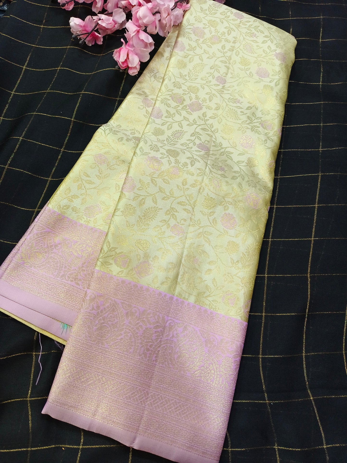 Pastel green With light pink Soft satin Silk saree