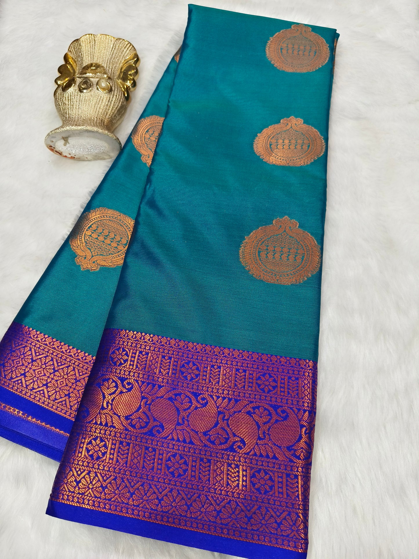 Peacock Blue with pink Semi silk saree