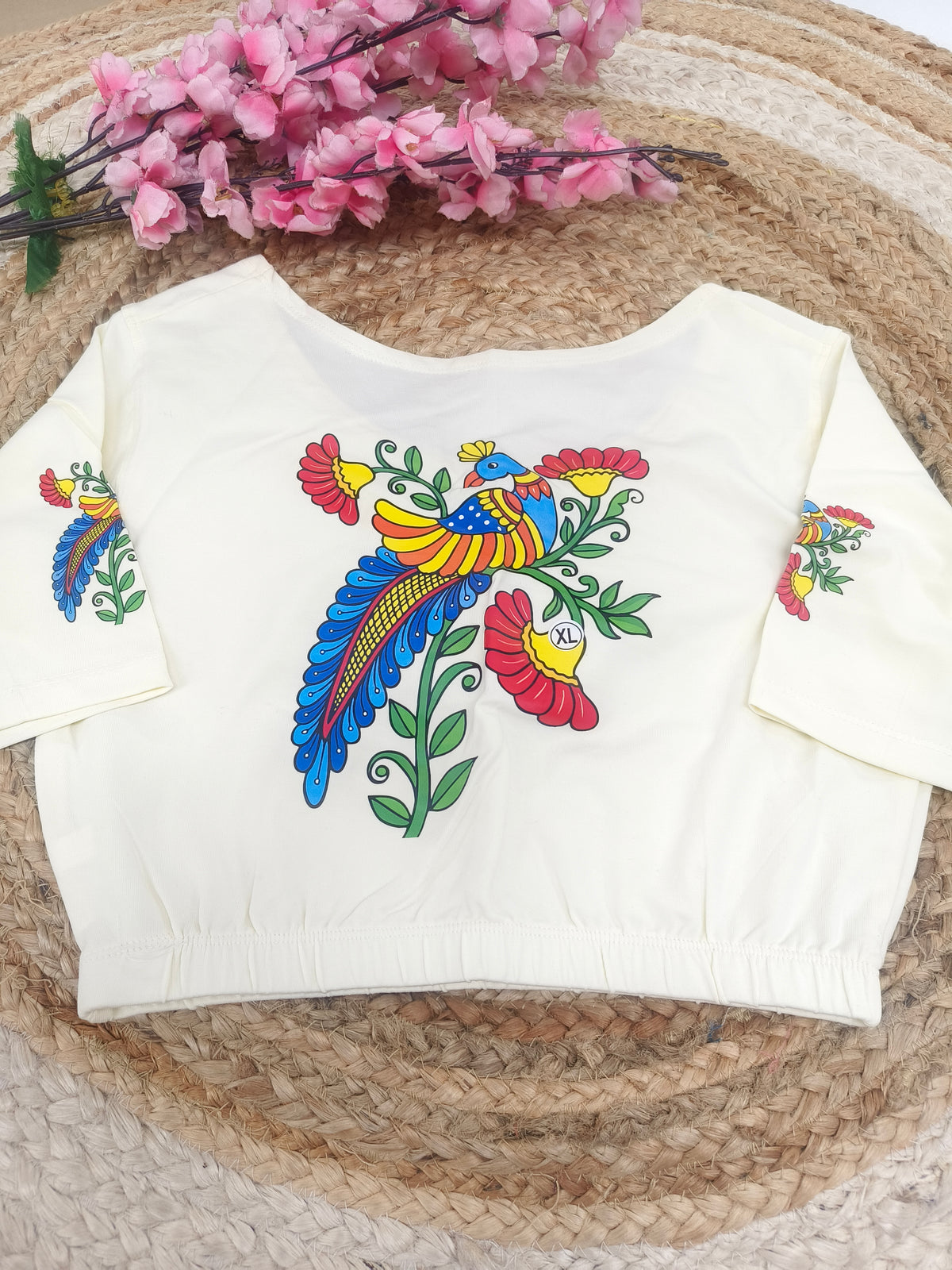 Cream Stretchable blouse with unique printed design