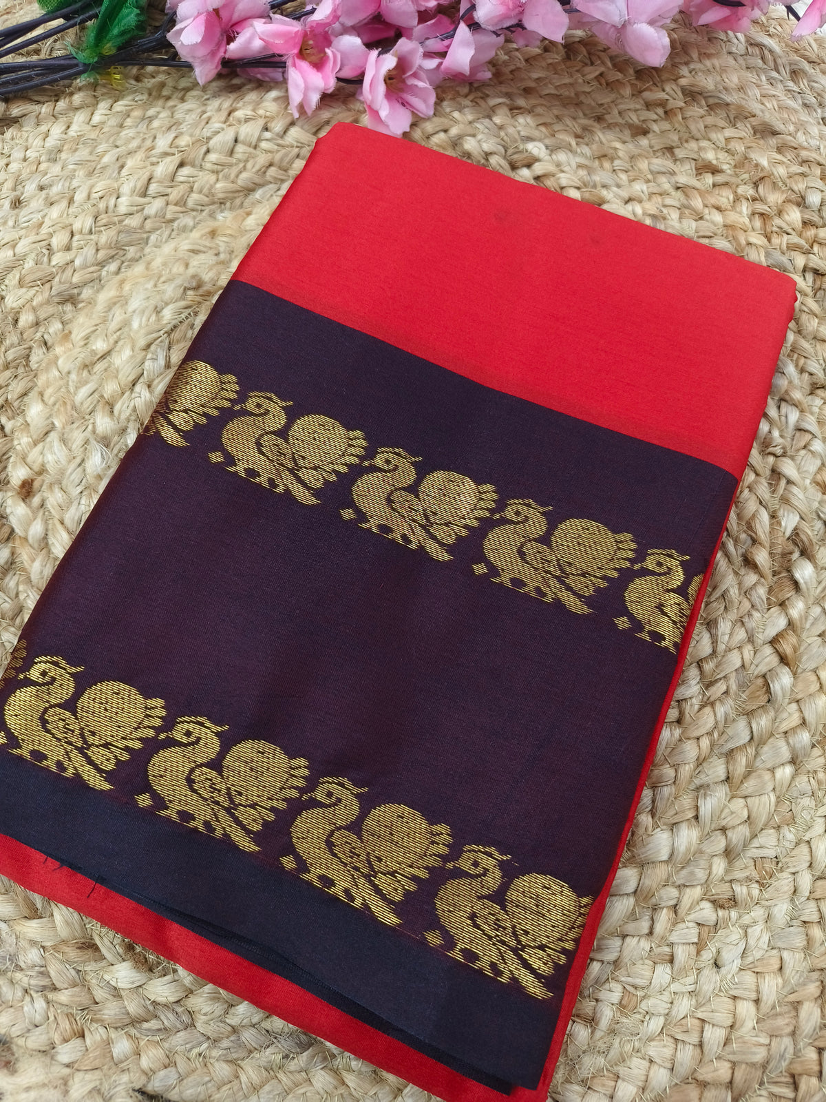 Red with brown Gadwal silk saree