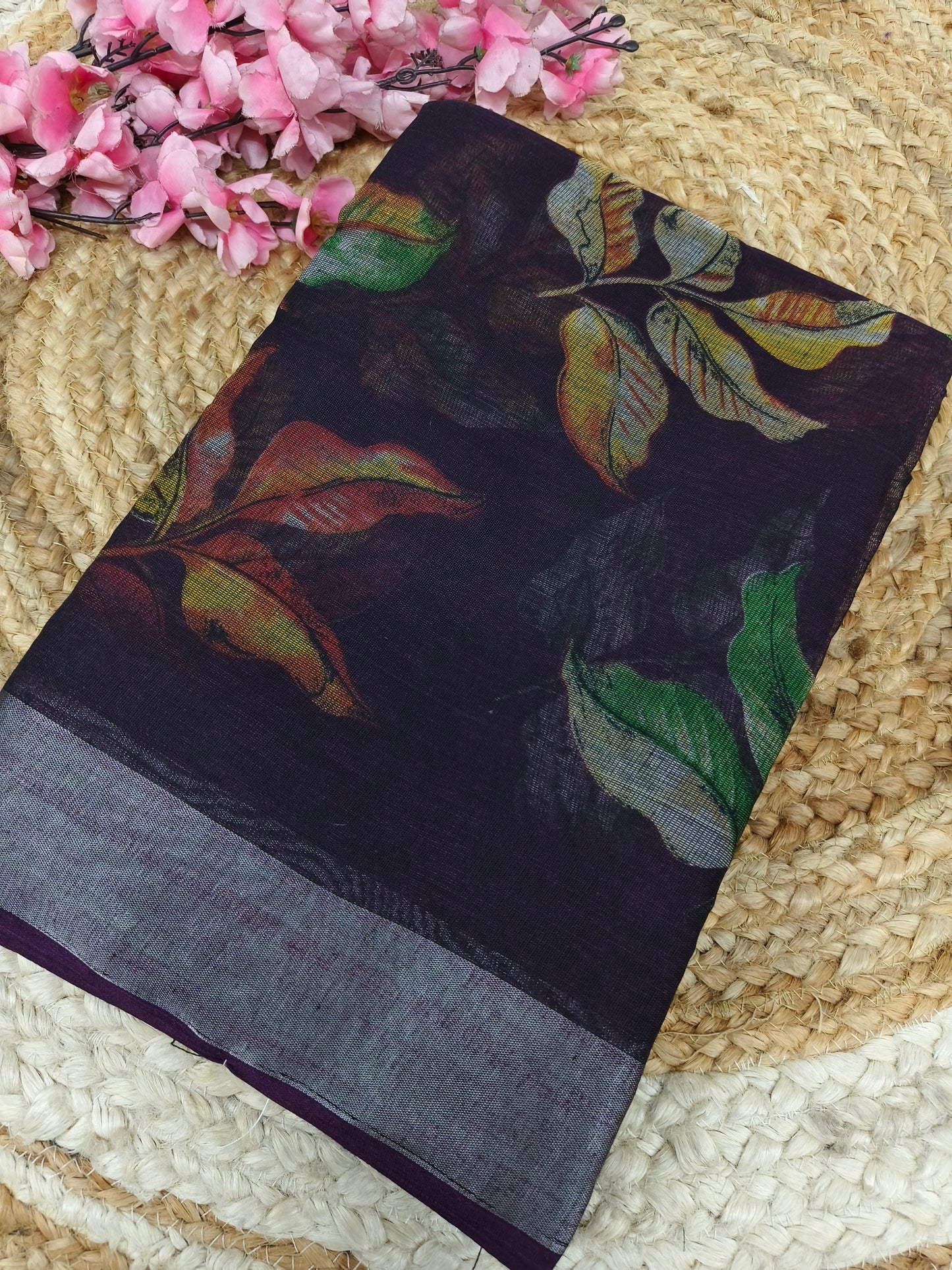 Dark wine - Black Lenin Cotton saree