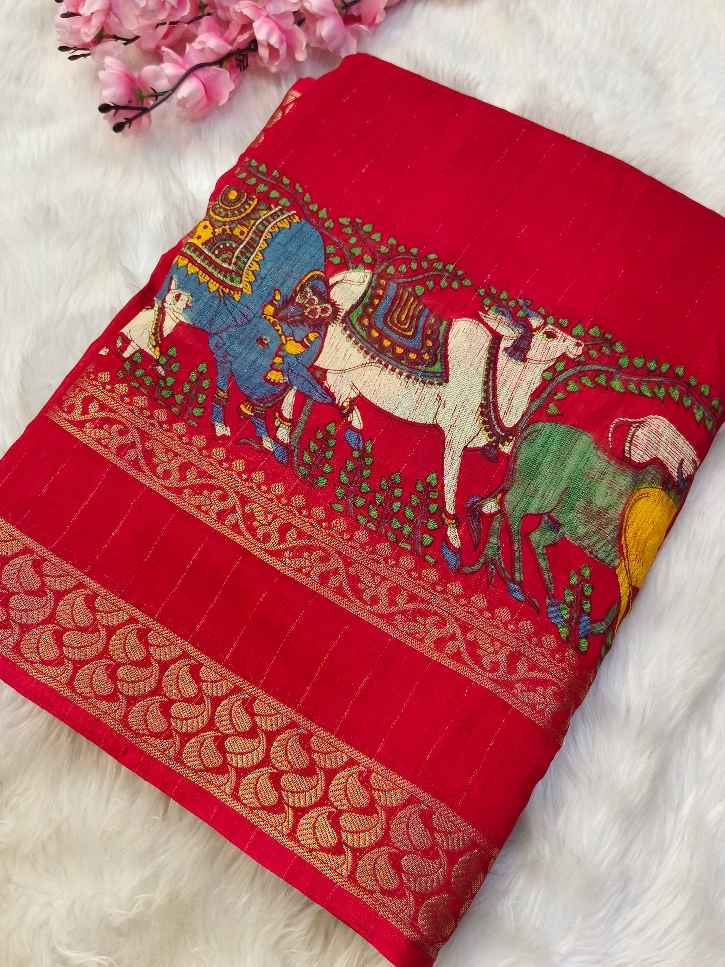 Red Pichwai Chinon silk saree