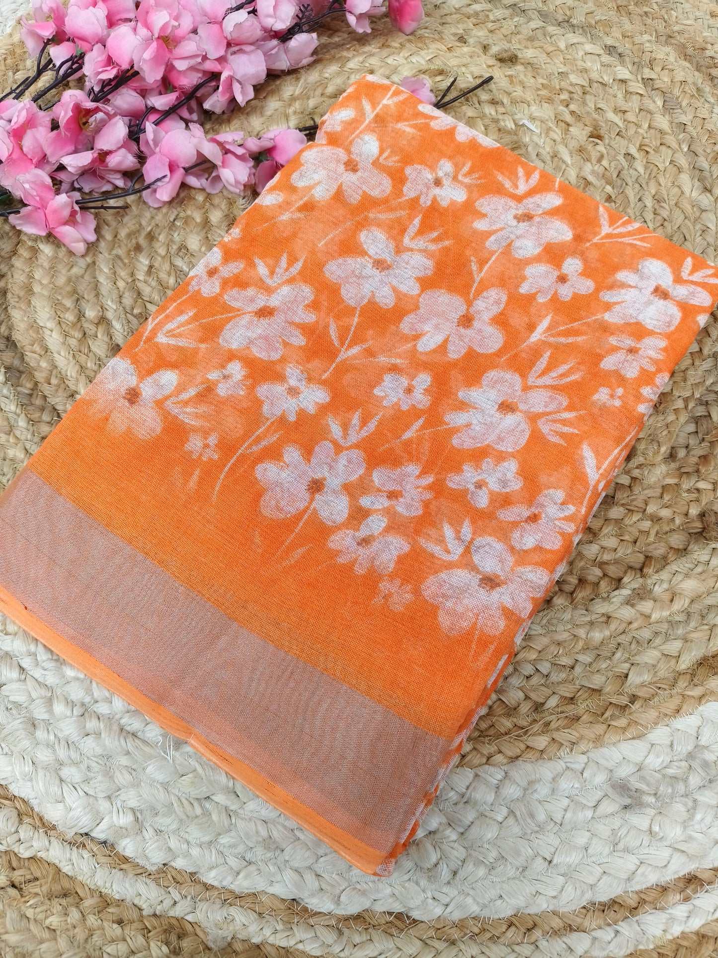 Orange Lenin Cotton saree