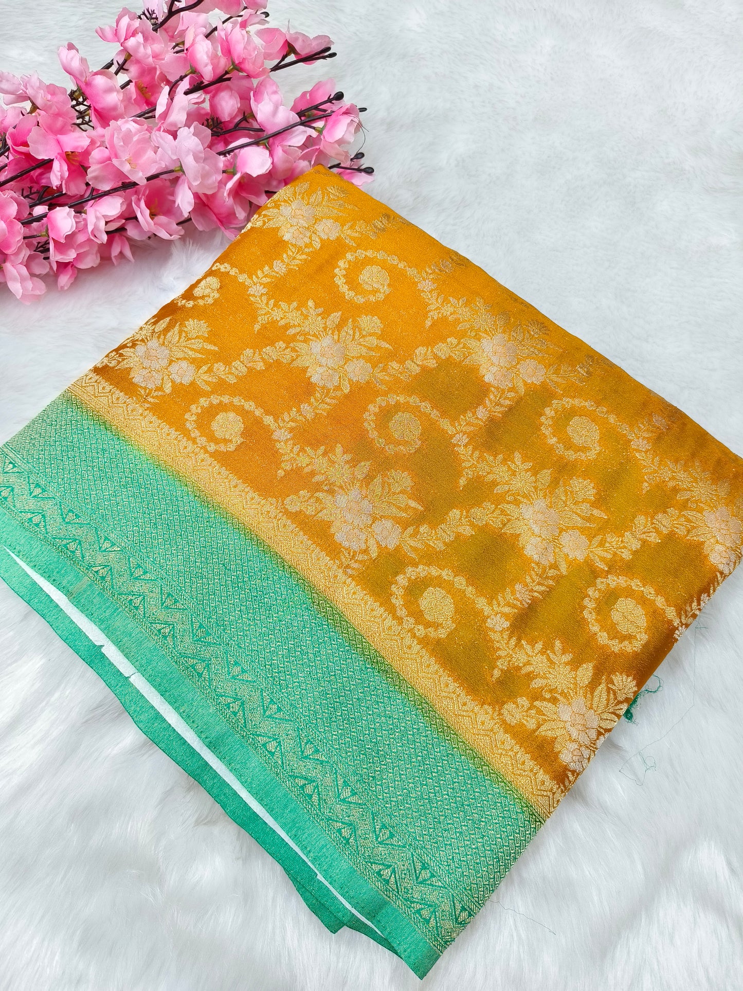 Yellow with Green pure georgette silk saree
