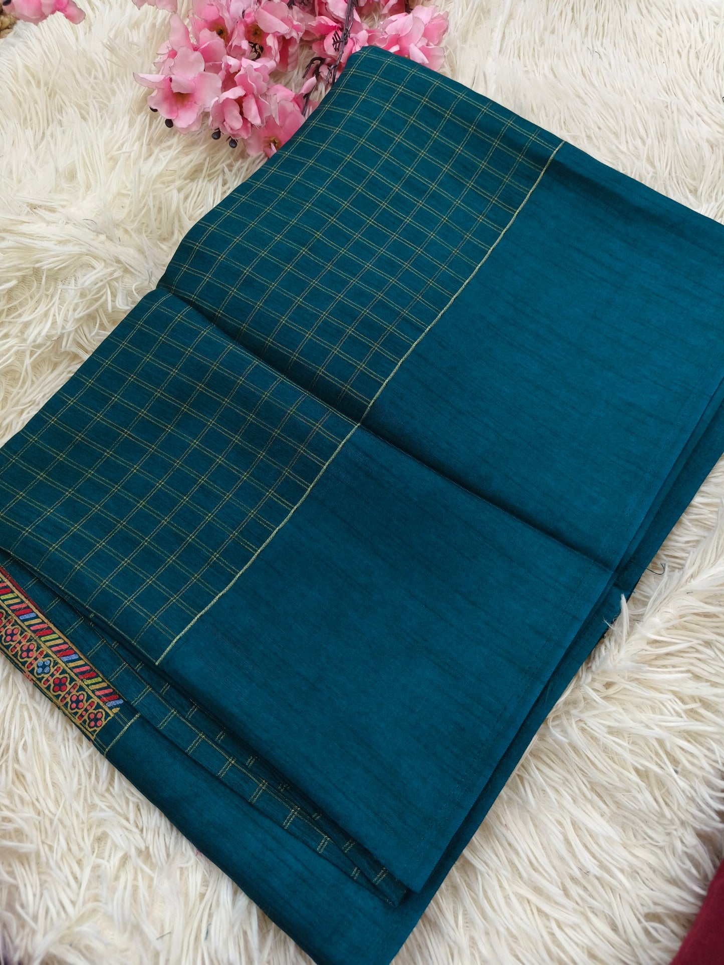 Peacock Blue saree with zari chex
