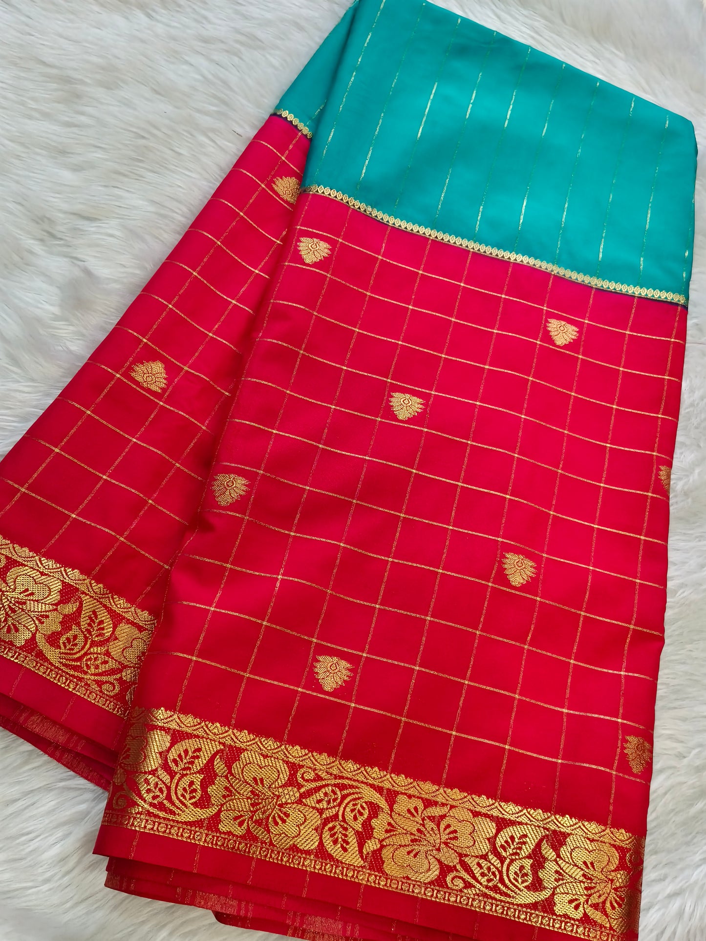 Rama Green With Pink semi Mysore crepe silk saree