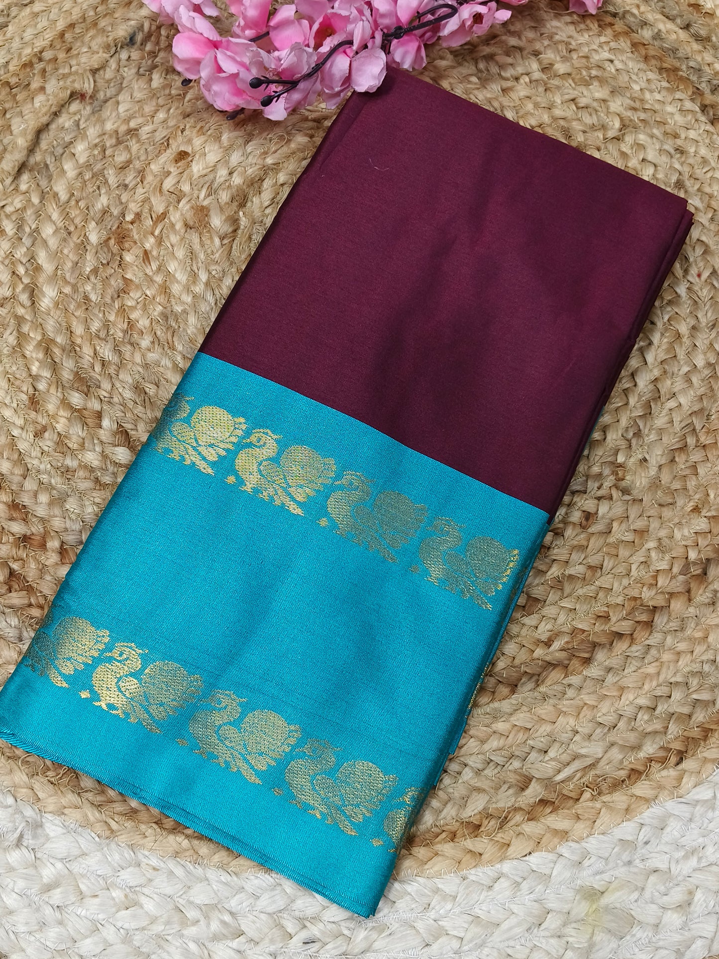 Wine With Sky Blue Gadwal Semi silk saree