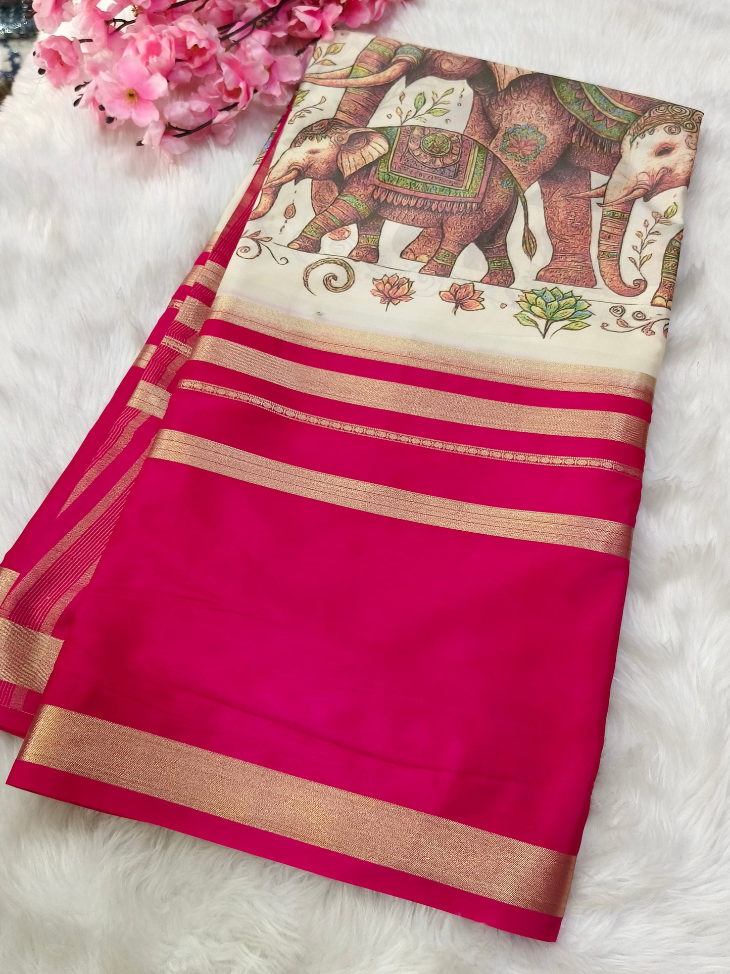 Pink elephant Digital printed semi Mysore crepe silk saree