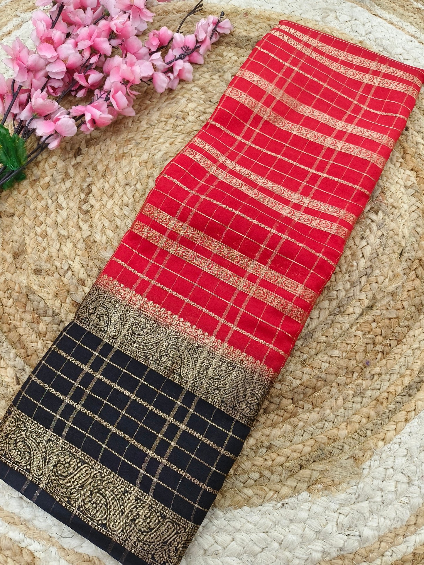 Red with black crepe Georgette saree