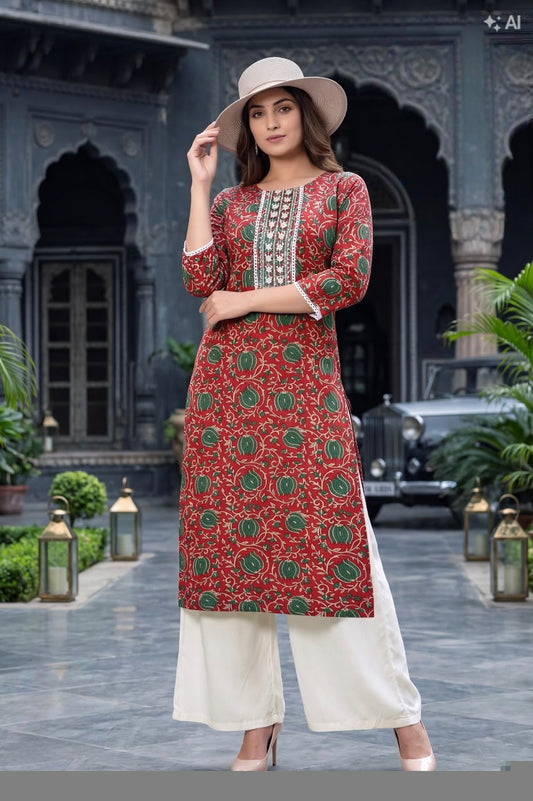Elegant Red with cream Printed Ethnic Kurti Set