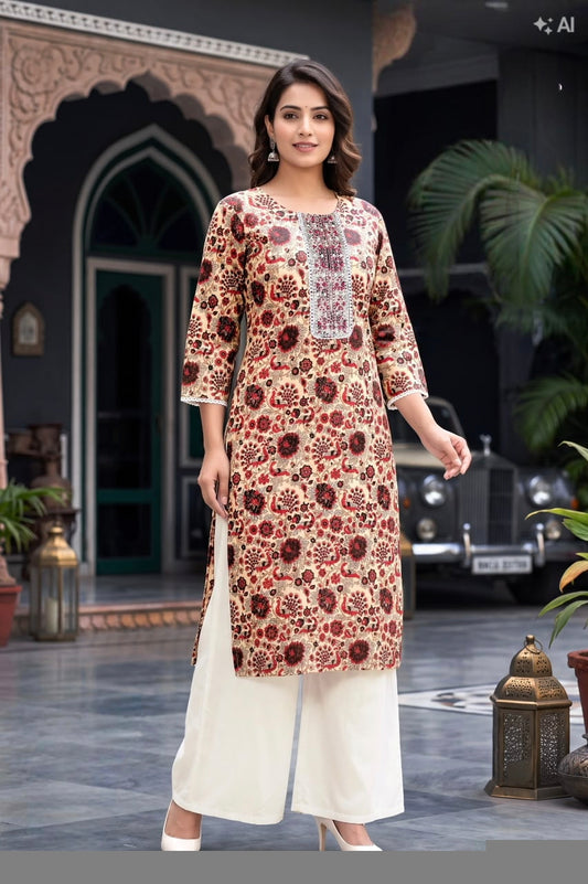 Elegant cream with brown Printed Ethnic Kurti Set