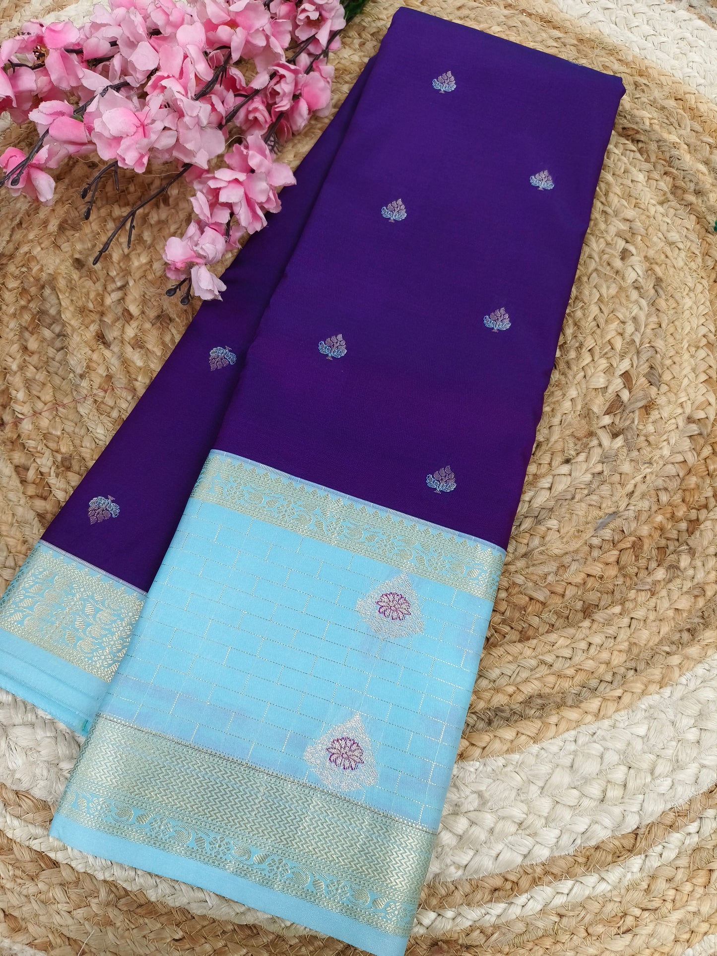 Purple with sky blue Elegant semi kanjivaram silk saree