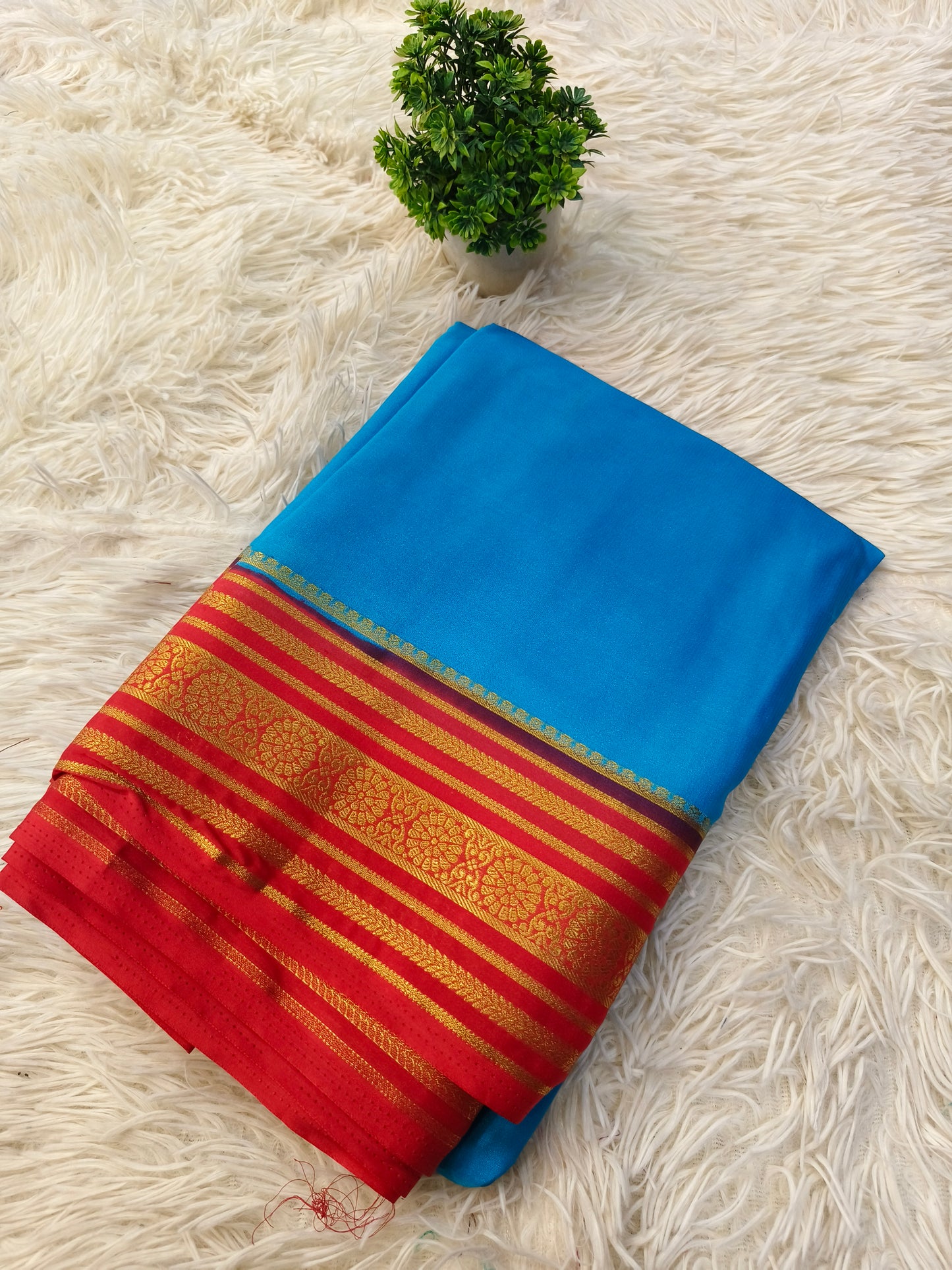 Sky blue with Red semi Mysore crepe silk saree