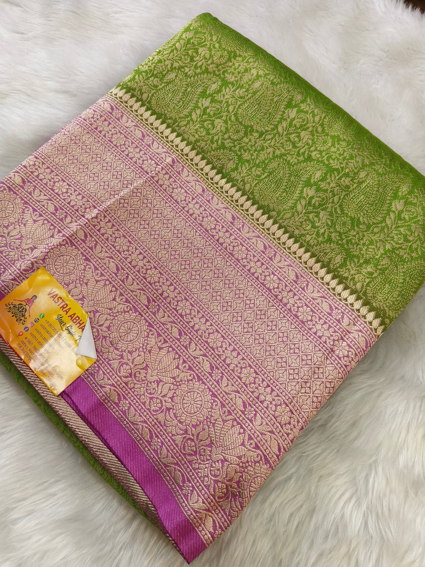 Green With pink brocade semi silk saree