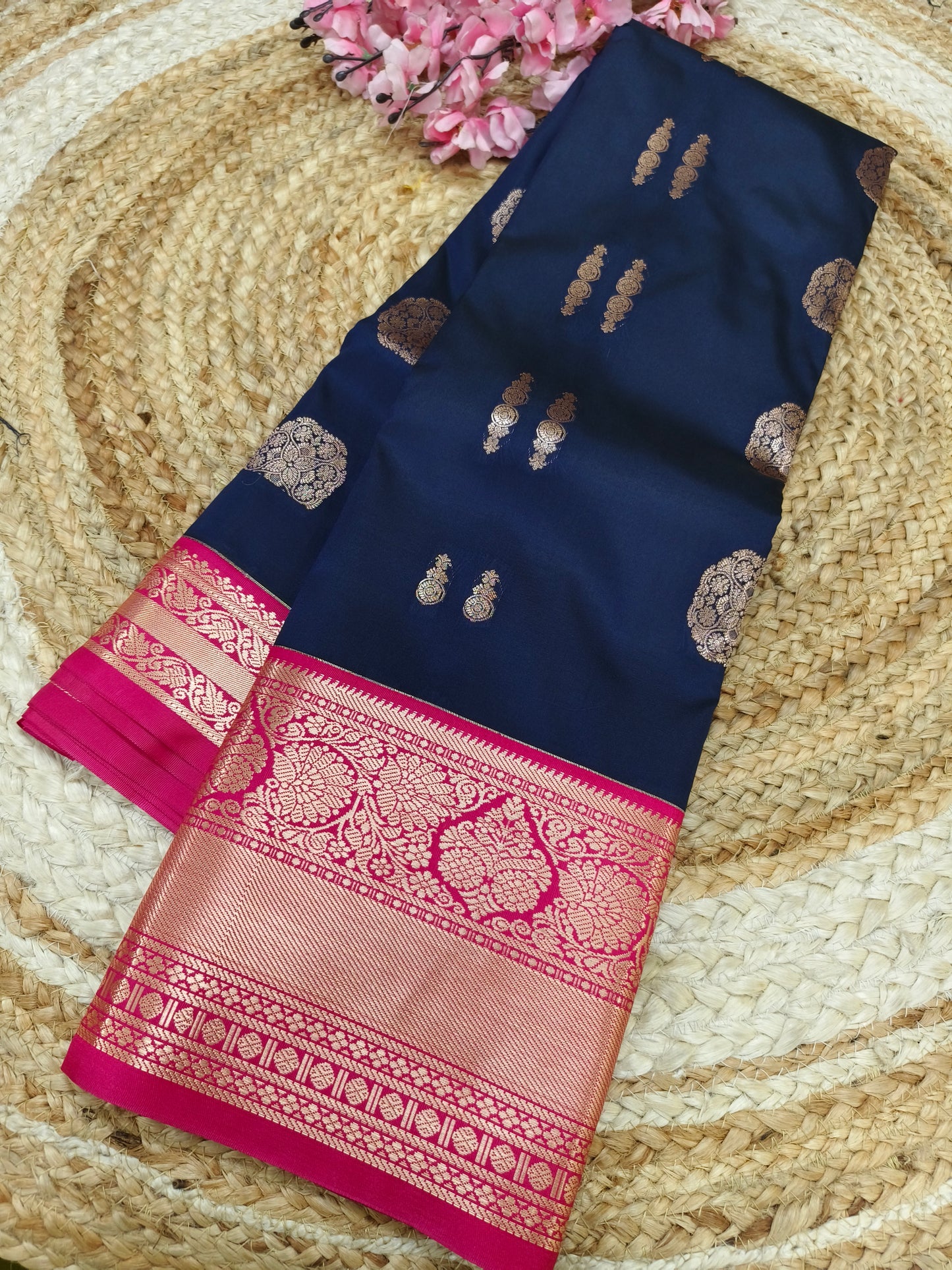 Navy blue with Rani pink Elegant soft semi kanjivaram silk saree