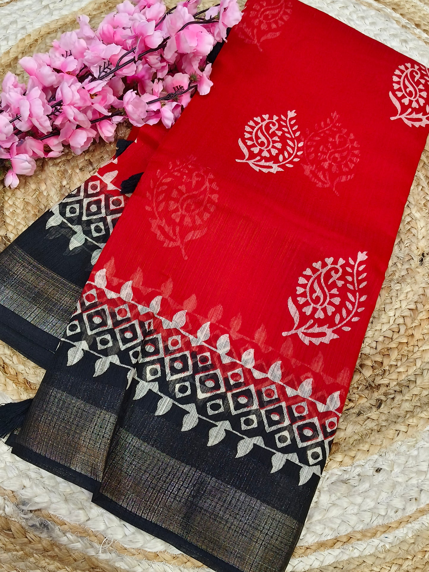 Red With Black Linen Jute saree