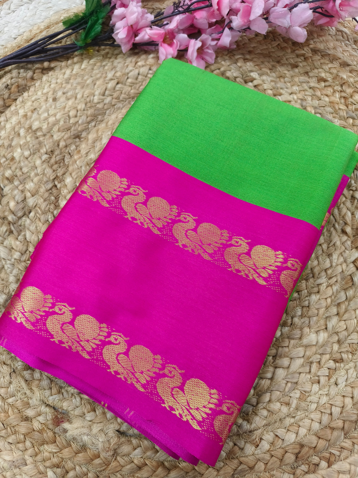 Parrot green with pink Gadwal silk saree
